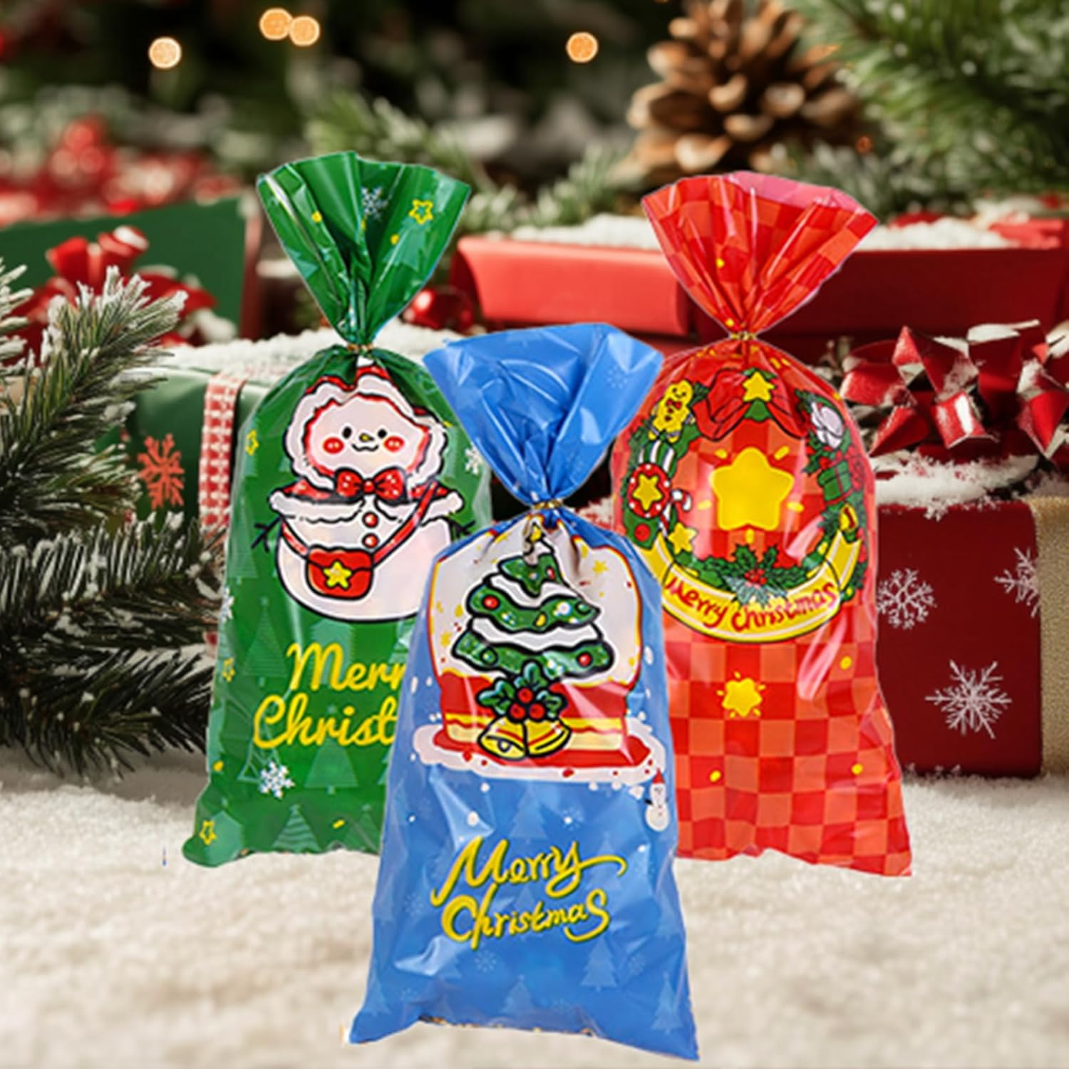 Christmas Treat Bags, 50 Pack Christmas Cellophane Treat Bags, 13 X 27Cm Treat Candy Bags with 50 Pcs Twist Ties for Cookie Goodies Gift Present Wrap Xmas Party Favor Supplies, 4 Styles image number 3