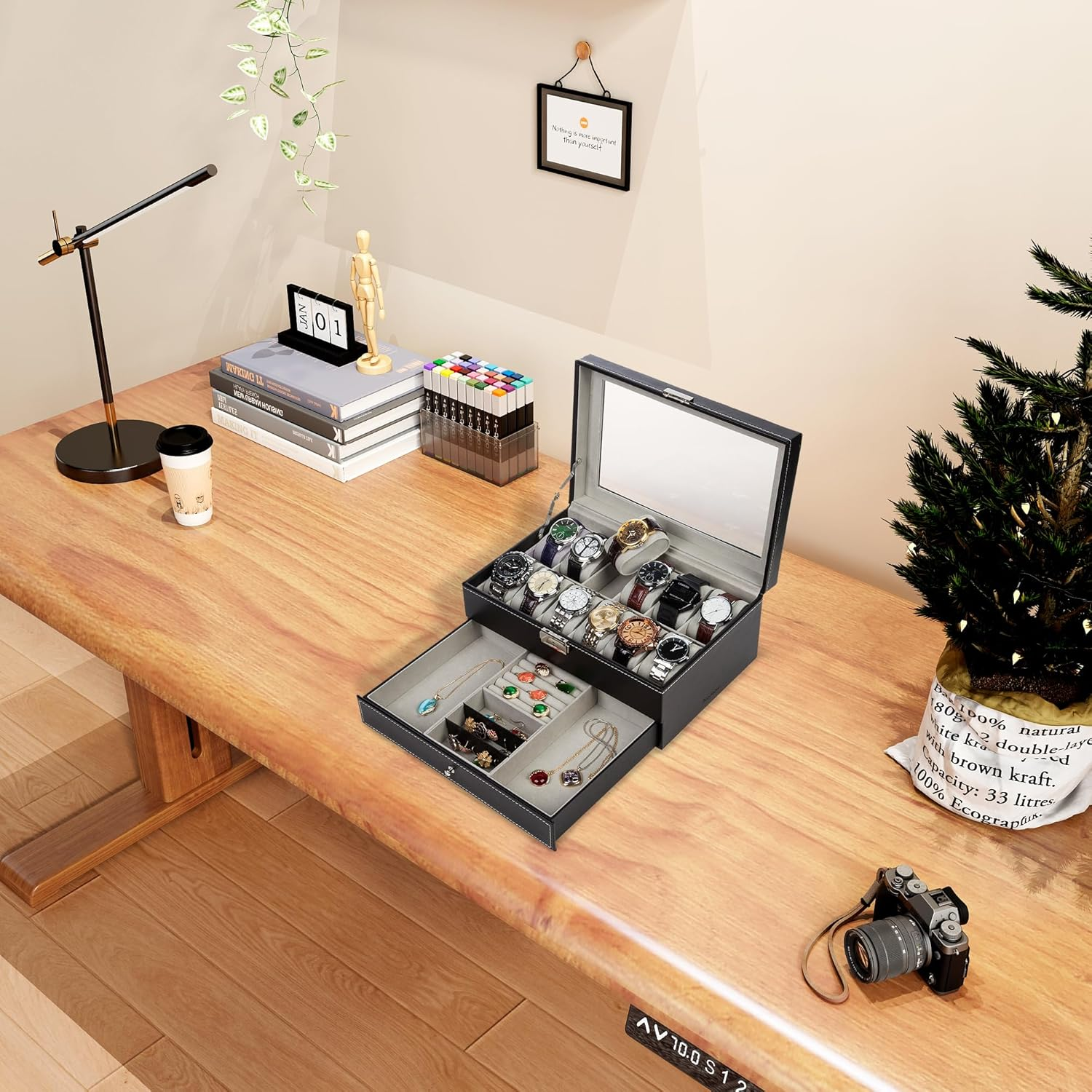 Readaeer Black Leather Watch Box Jewelry Display Case with Drawers, Jewelry Box (12 Slots with 2 Layers) image number 1