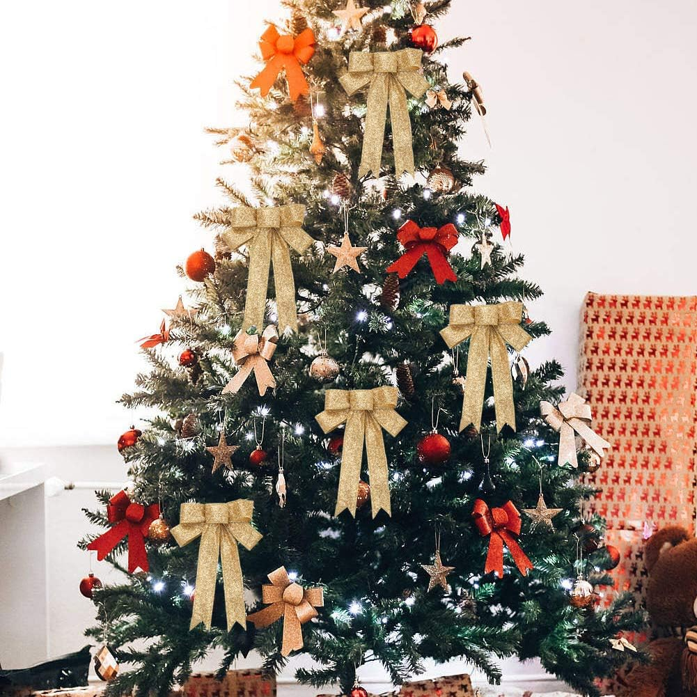 Christmas Ribbon Bows 12Pcs Golden Bowknot Glitter Xmas Tree Bows Hanging Ornaments for Craft DIY Christmas Wreaths Wedding Holiday Party Wall Table House Decoration Presents Gift Wrapping Supplies image number 6