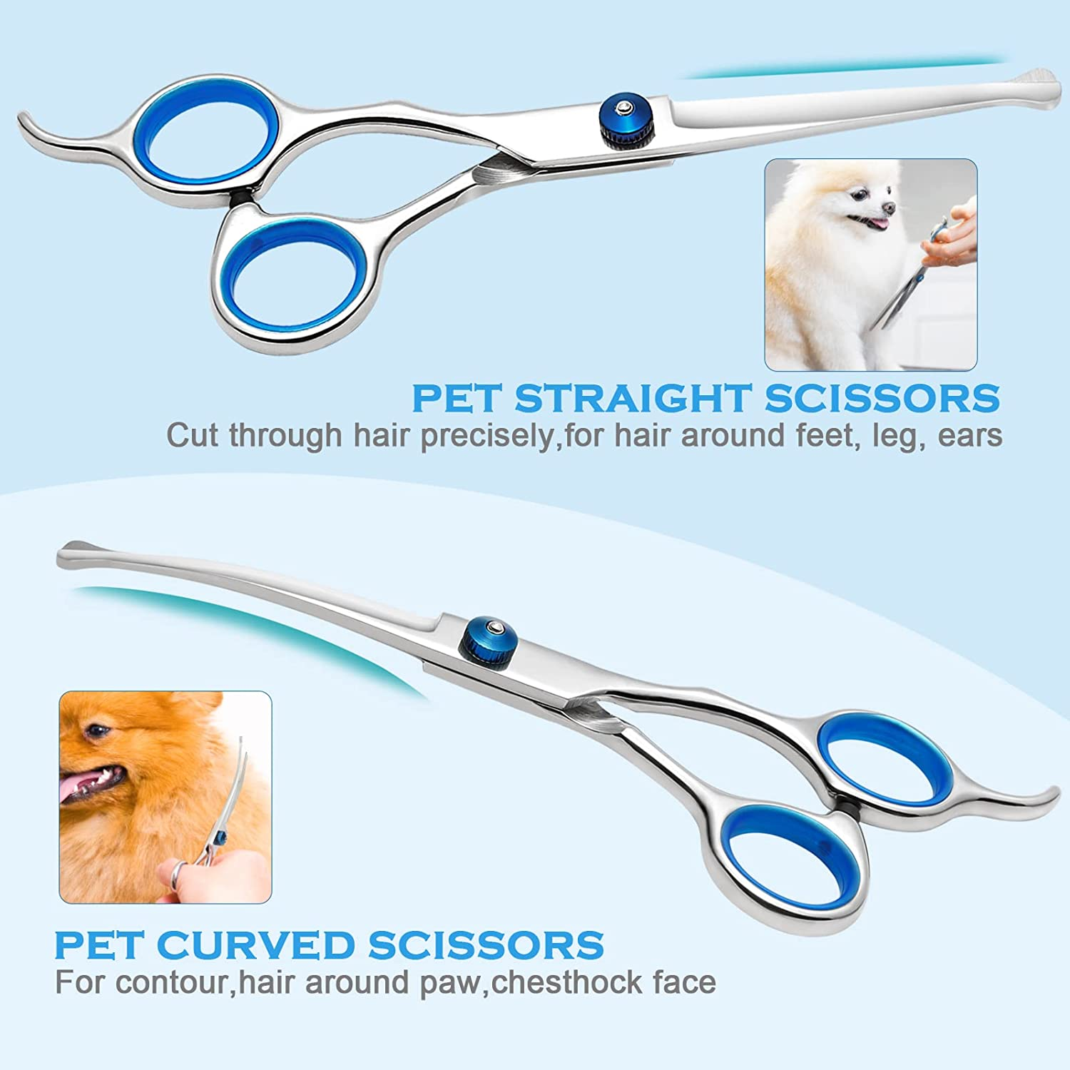 Liren Professional 6 in 1 Dog Grooming Scissors Kit with Safety round Tips, Heavy Duty Stainless Steel Sharp and Durable Pet Grooming Shears for Dogs and Cats