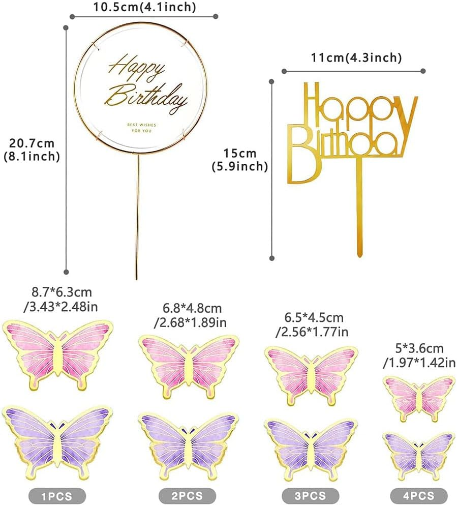 22 Pieces Cake Decorating Butterfly Toppers, Cake Topper with Happy Birthday and 3D Butterfly Cake Toppers,Suitable for Wedding Cake Topper,(Purple, Pink) image number 1