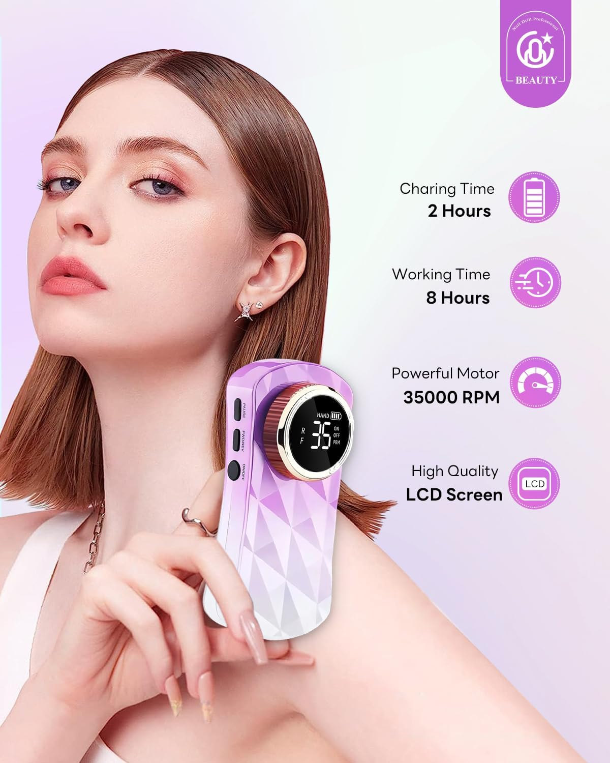 Cozyzen Cordless Professional Nail Drill, 35,000 RPM Rechargeable Electric Nail File, Portable E-File Machine with Extended Battery Life, Lightweight Design for Manicure & Pedicure image number 6