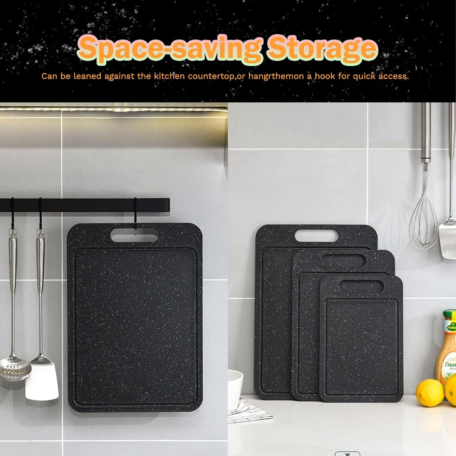 3-Piece Kitchen Chopping Boards with Non-Slip Feet & Juice Grooves & Carrying Handle, No BPA Plastic Cutting Board Set, Dishwasher Safe, Easy Grip Handle, Reversible Cutting Board, Black image number 1