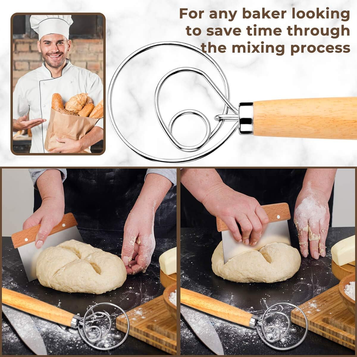 Danish Dough Whisk Bread Mixer，2 Pack Premium Stainless Steel Dutch Whisk with a Dough Scraper for Bread, Pastry or Pizza Dough - Perfect Baking image number 5