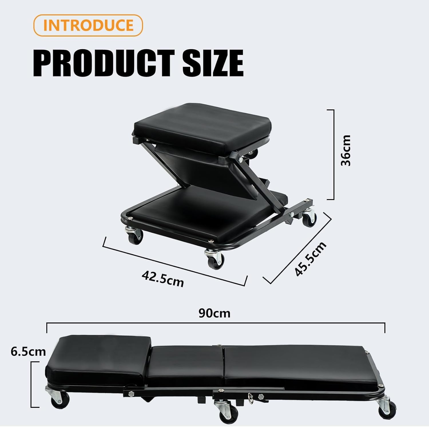 36" Mechanic Creeper, Car Maintenance Deck 2 in 1 Rolling Folding Car Z-Creeper Seat Adjustable Roller Garage Chair, Lay down or Sit image number 3