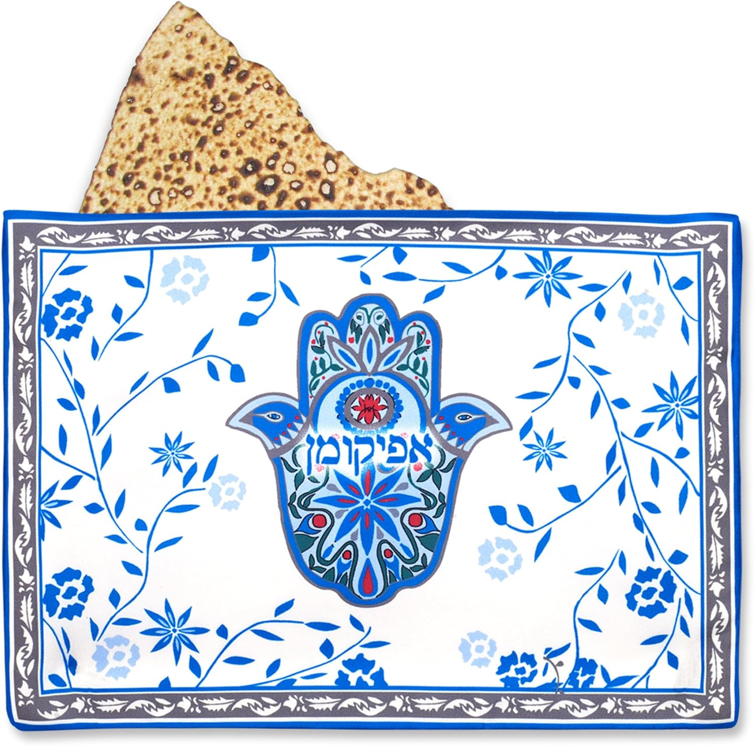Stunning Silk Passover Seder Matzah Cover Floral Hamsa Design with 3 Pockets for the 3 Matzos - Fits round Shmurah Matzo or Square Matzot Pesach Table Essential Decorations image number 1