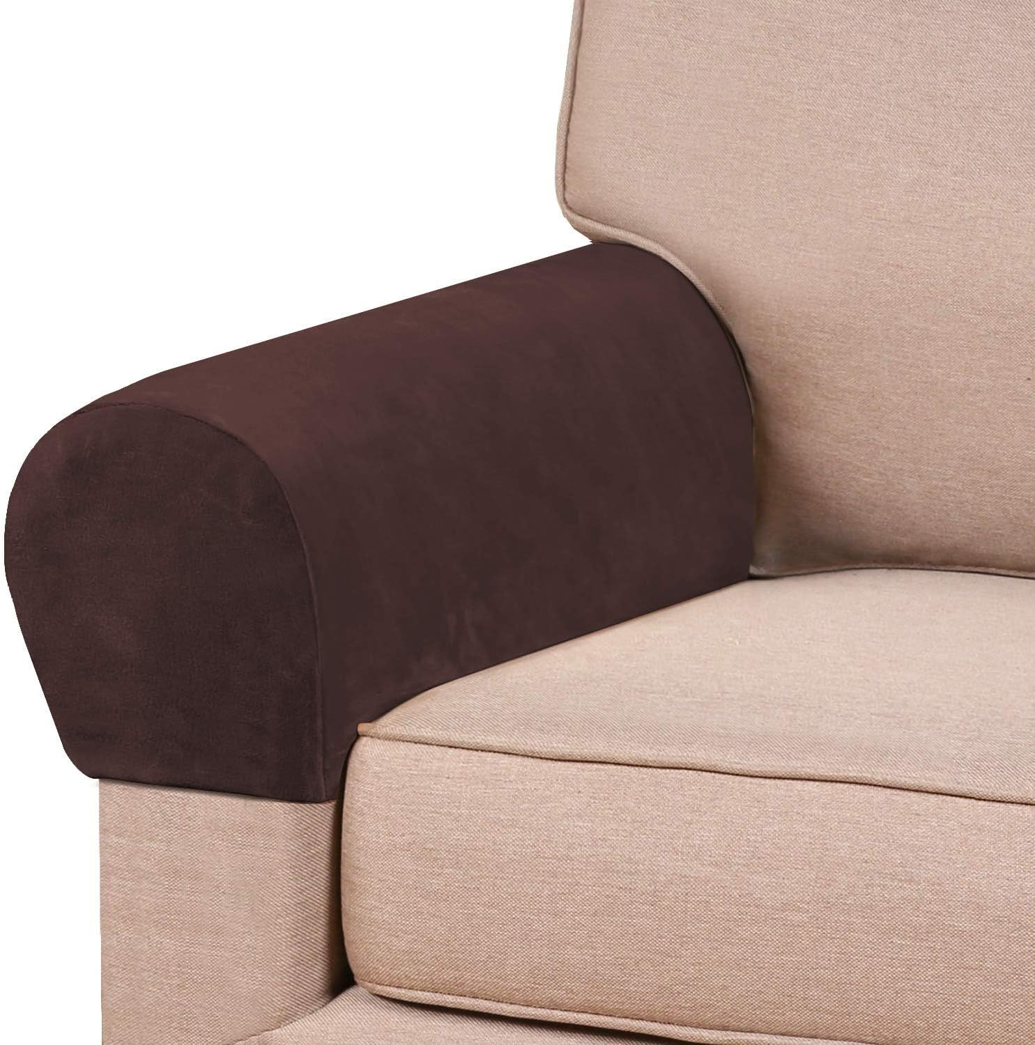 2 Pcs Real Velevt Stretch Armrest Covers Anti-Slip Furniture Protector Soft Velvet Armchair Armrest Cover Slipcovers for Sofa, Brown image number 6
