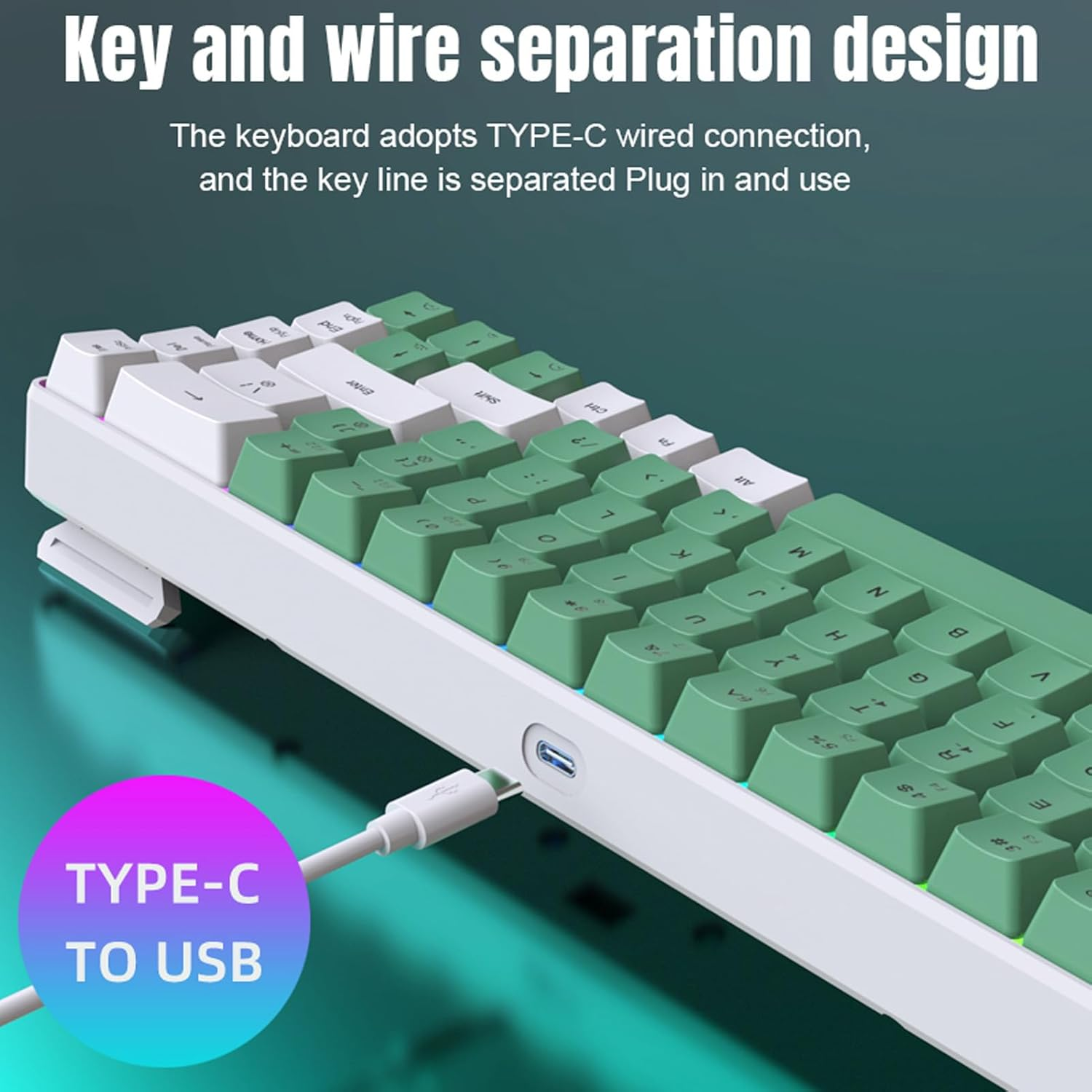 Wired Gaming Keyboard, 60 Percent 68 Keys RGB Backlit Mechanical Keyboard, Ergonomic Compact Keyboard with anti Ghosting and Multimedia Keys for PC Laptop Computer (White Green Color Block) image number 3