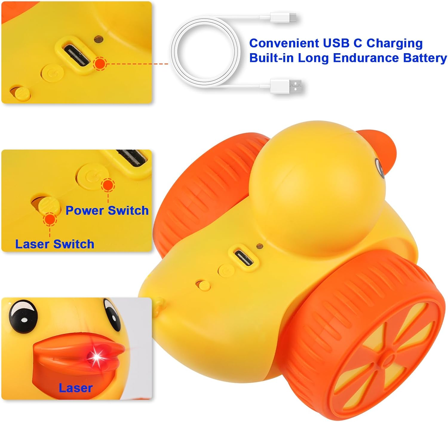 ABCOOL Robot Automatic Cat Toy with Random Trajectory Laser Feather for Smart Pet Kitten Dog Game Fun Exercise, 3 in 1 Duck Electric Indoor Rechargeable Automated Moving Playing Toy image number 6