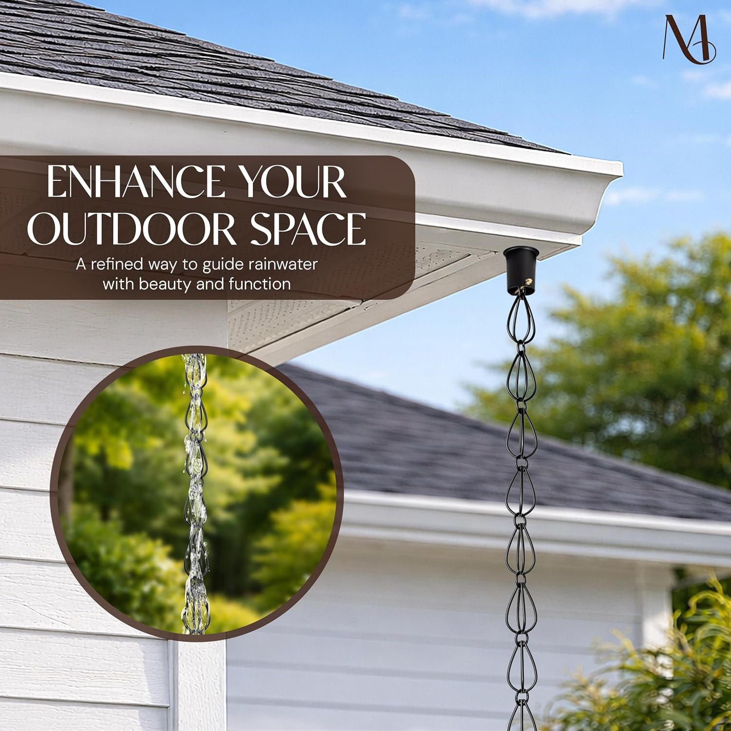 Monarch Rain Chains 17055 Aluminum Teardrop Rain Chain, 8-1/2 Feet Length Replacement Downspout for Gutters, Black Powder Coated image number 6