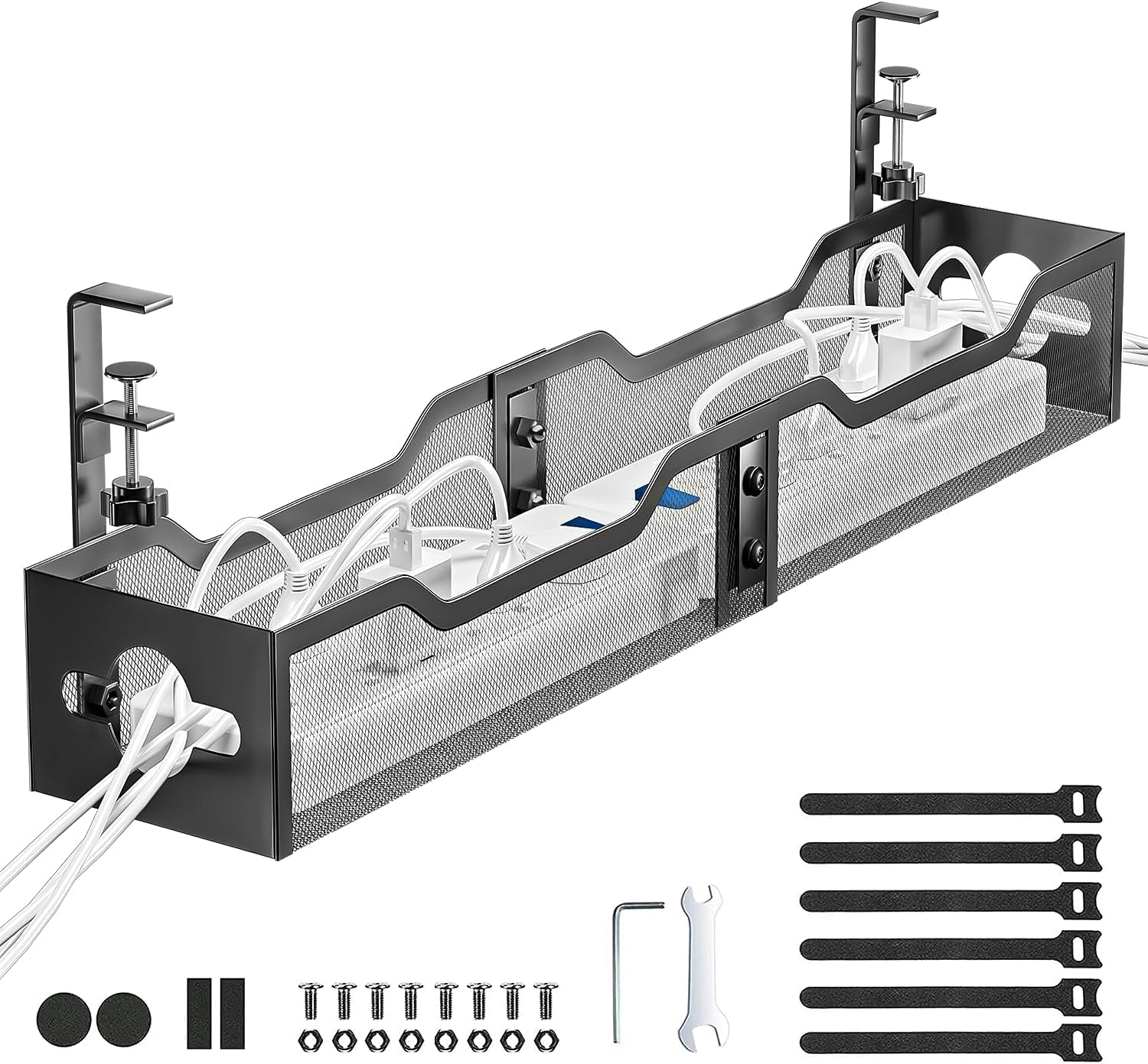 Under Desk Cable Management Tray, Litwaro No Drill, Metal Tray with Clamp for Wire Management, Cord Organizer Home Office Damage to Standing Desk, White, 13.38''