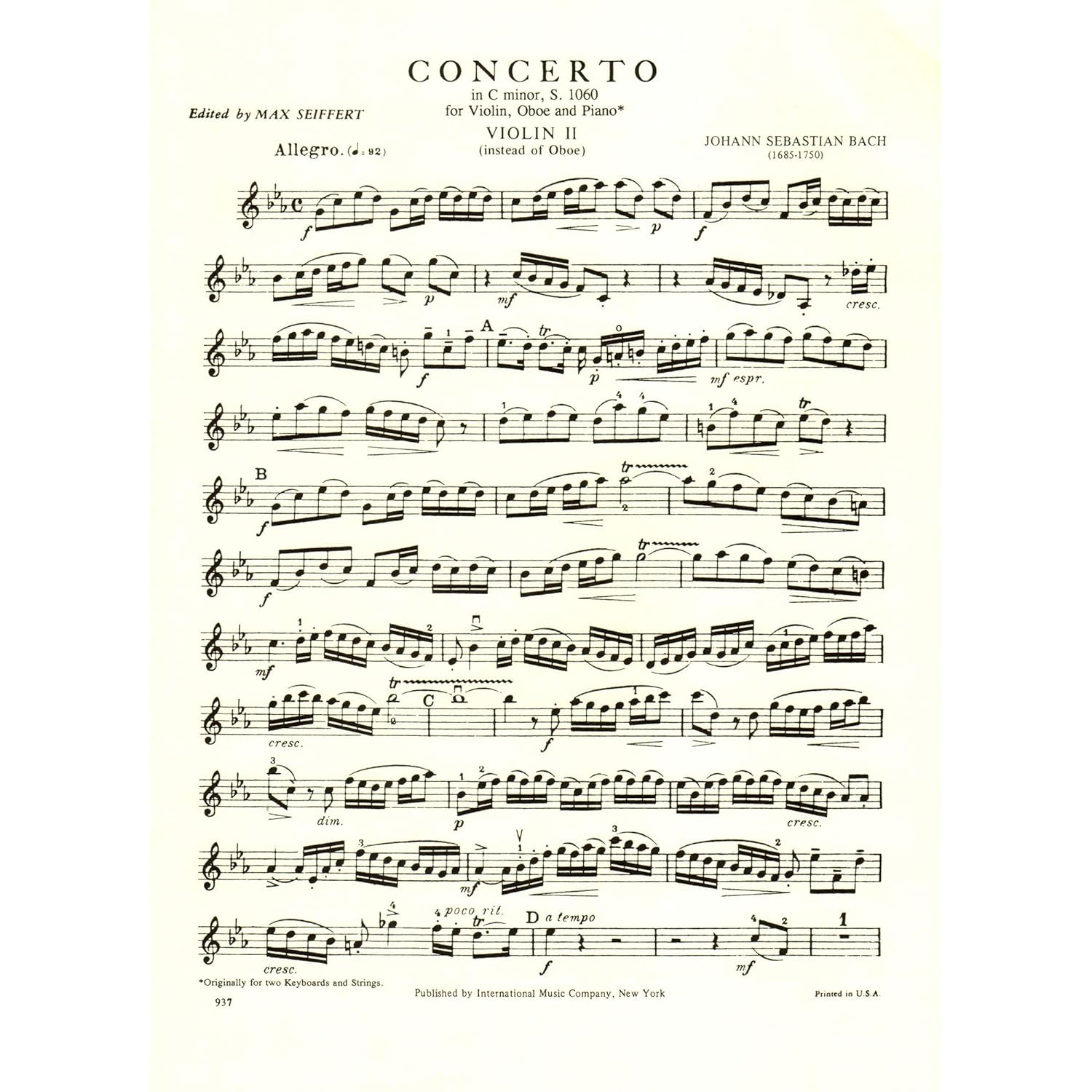 Bach, J.S. Concerto in C Minor, BWV 1060R Violin Oboe and Piano/ Two Violins and Piano Max Seiffert image number 1