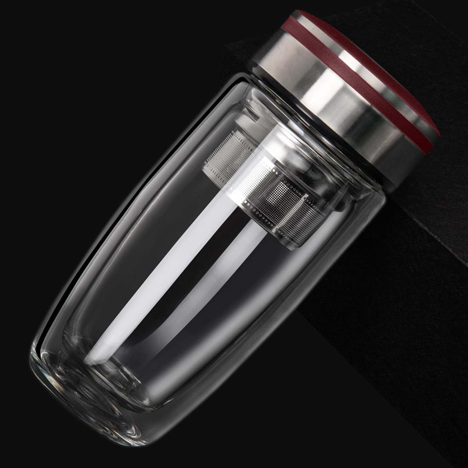 13Oz Double Wall Glass Water Bottle with Tea Infuser, Tea Tumbler with Strainer,Reusable Travel Mug with Neoprene and Stainless Steel Lid - Blue image number 5