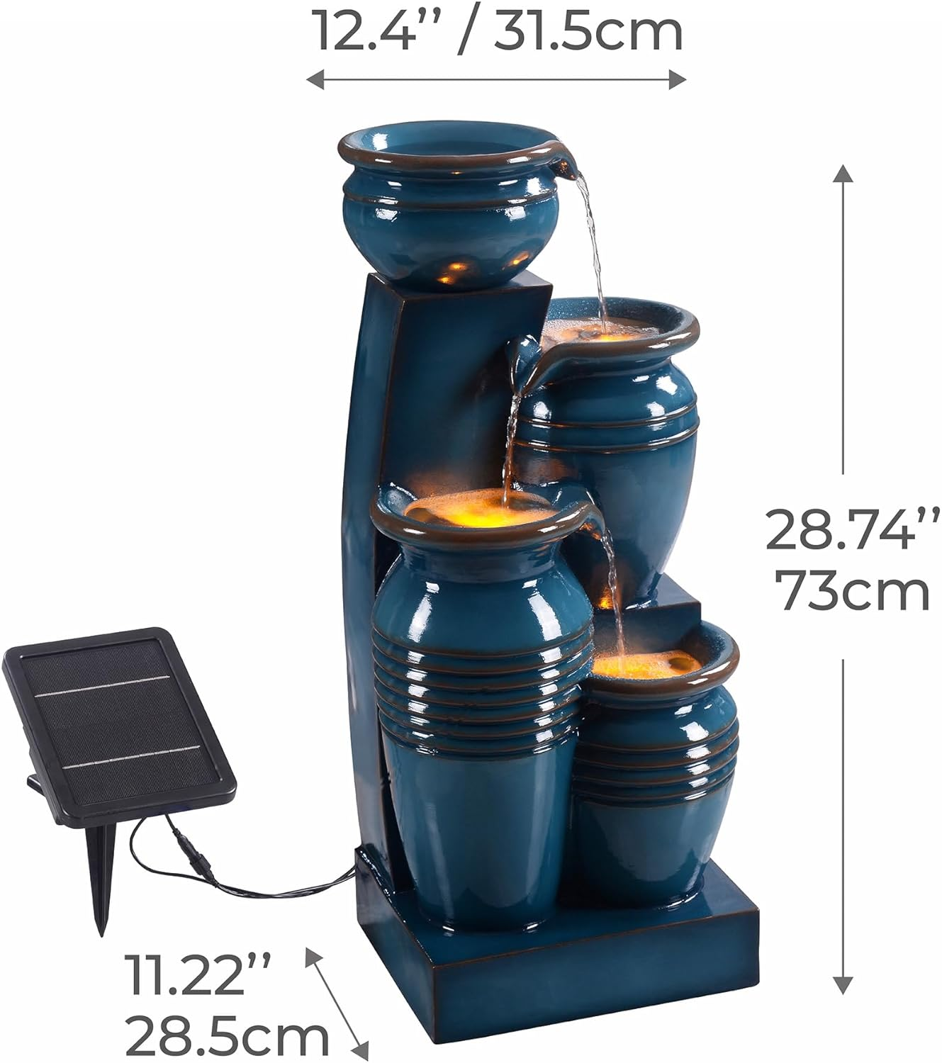 Teamson Home Solar Powered Outdoor 4 Tier Cascading Bowl Fountain 28.7In, Blue