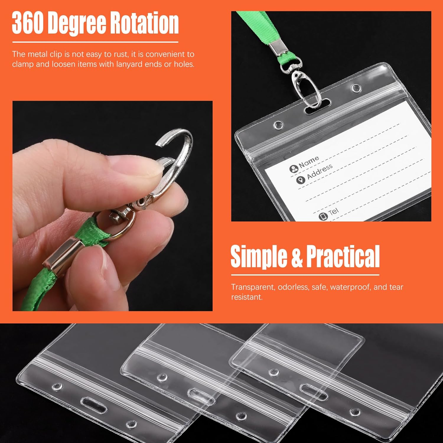 Tanstic 25Pcs Horizontal Badge Holders and Lanyards Kit, 3.3 X 3.9 Inch Clear Plastic ID Card Holders, Waterproof Name Tag Holder and Flat Neck Lanyard with Clip for Office, School (Red) image number 2