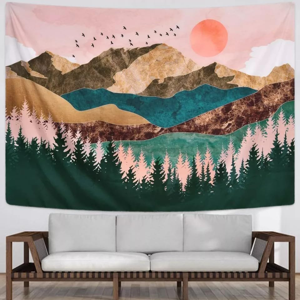Mountain Tapestry &ndash; 200X150Cm Boho Wall Hanging with Sunrise, Forest, Birds & Pink Sky &ndash; Abstract Nature Landscape Art for Bedroom, Meditation, Living Room &ndash; Steadyink&reg; image number 3