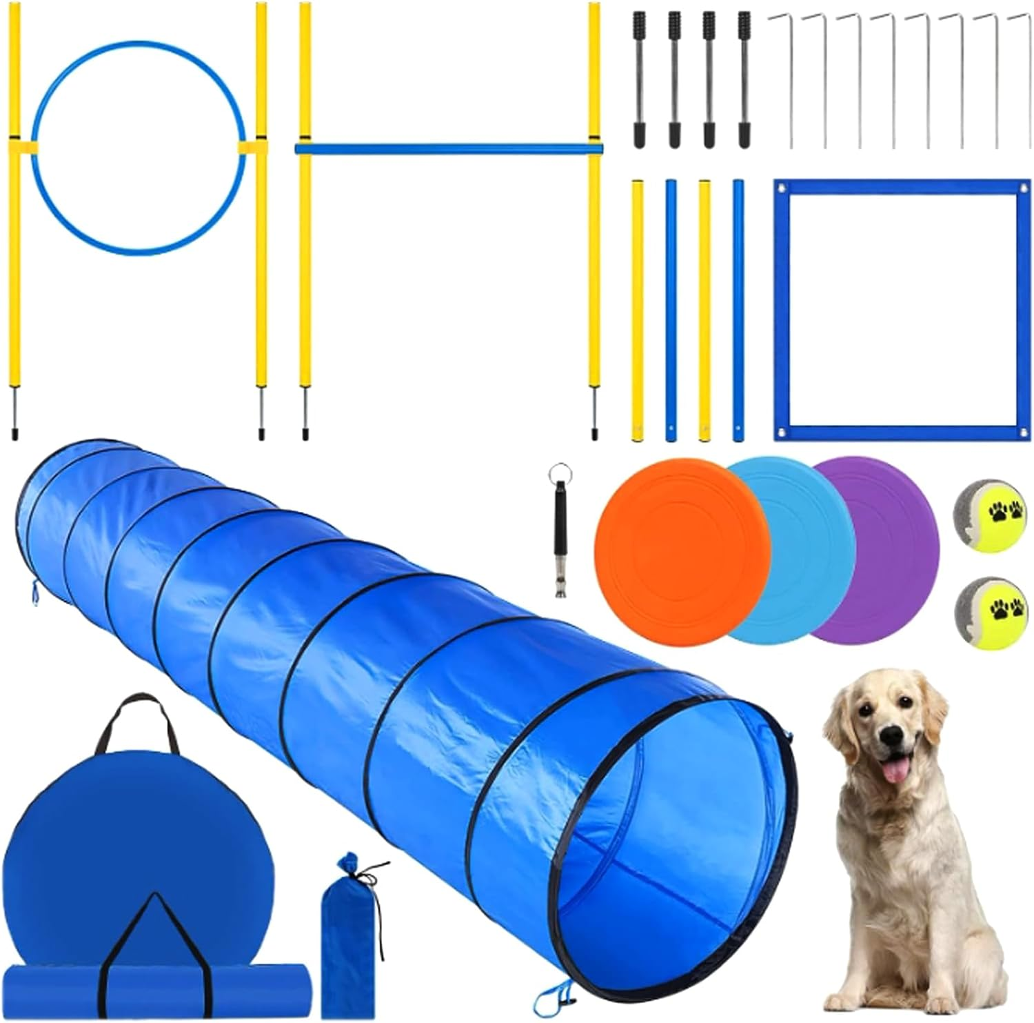 Dog Agility Training Equipment, Dog Obstacle Course Training Starter Kit Includes Tunnel, Weave Poles, Adjustable Hurdle, Jump Ring, Pause Box, Toys and Carrying Bag, Pet Outdoor Games image number 6