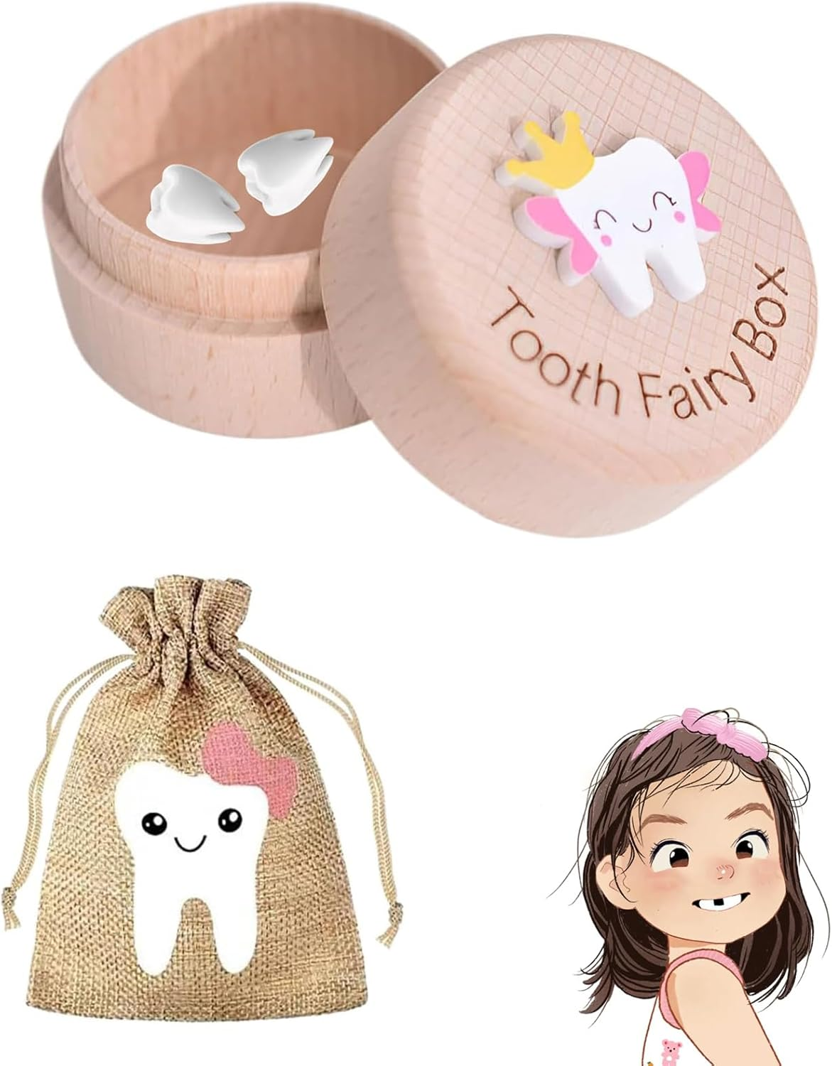 2 Pcs Set Wooden Tooth Fairy Box Tooth Fairy Bag 3D Carved Wooden Toothfairy Box, Collect Lost Teeth Dropped Keepsake Storage Baby Shower Birthday Gift image number 5