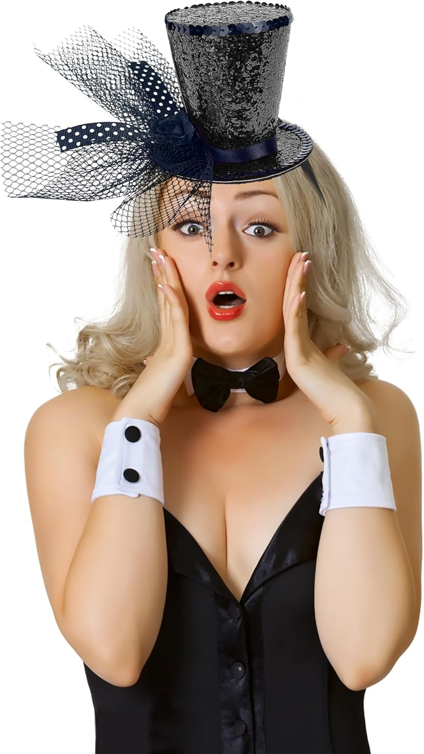 Mini Top Hat Headband Fascinator Tea Party Headpiece for Women Lady Gril 1920S Gatsby Party Costume Accessory - A-Black image number 5