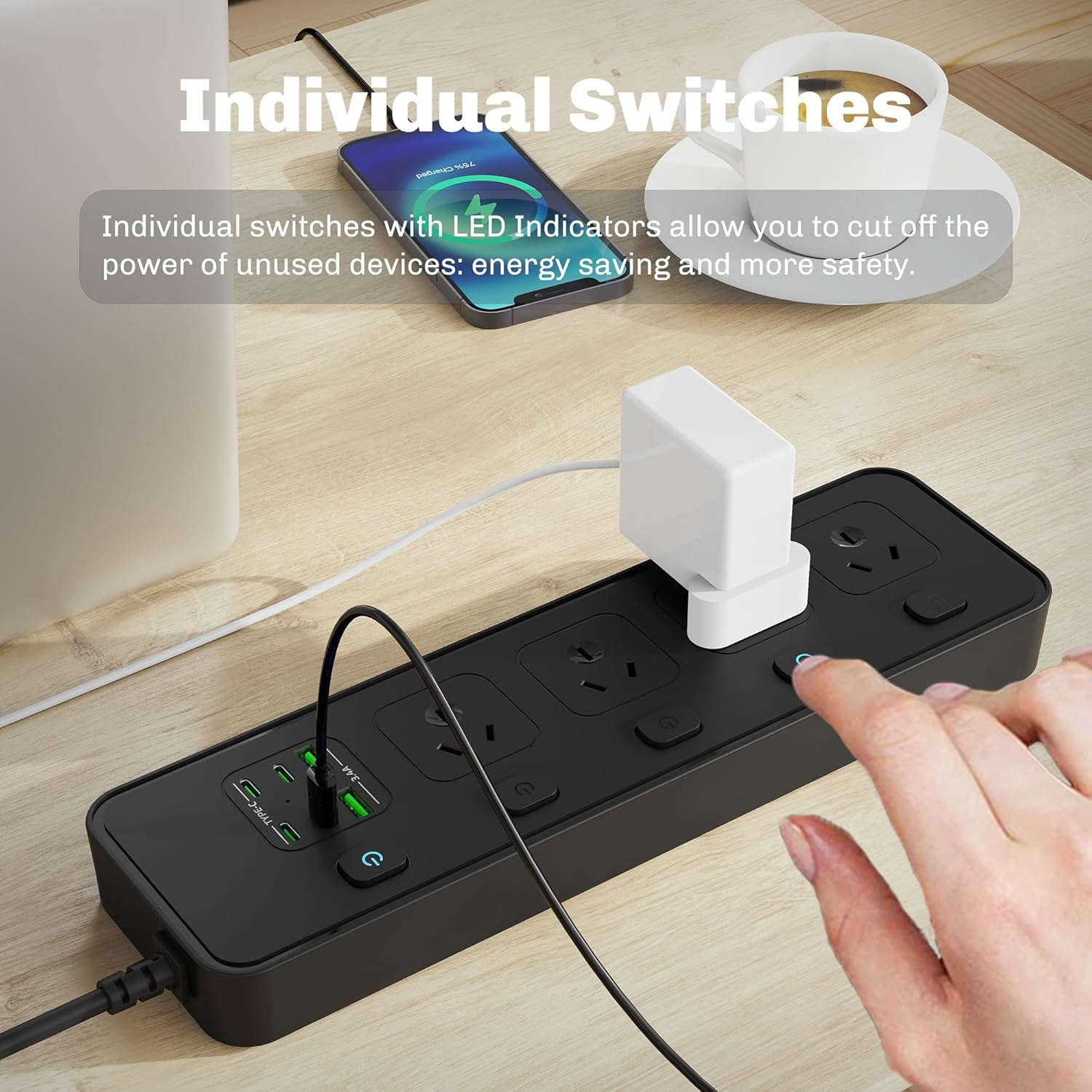 Power Board USB, 2M Black Durable Extension Cord with 4 AC Outlets, 5 Switches, 2 USB-A/4 USB-C Ports Power Strip, Overload, Surge Protection,Wall Mountable Power Board for Office, Home image number 2