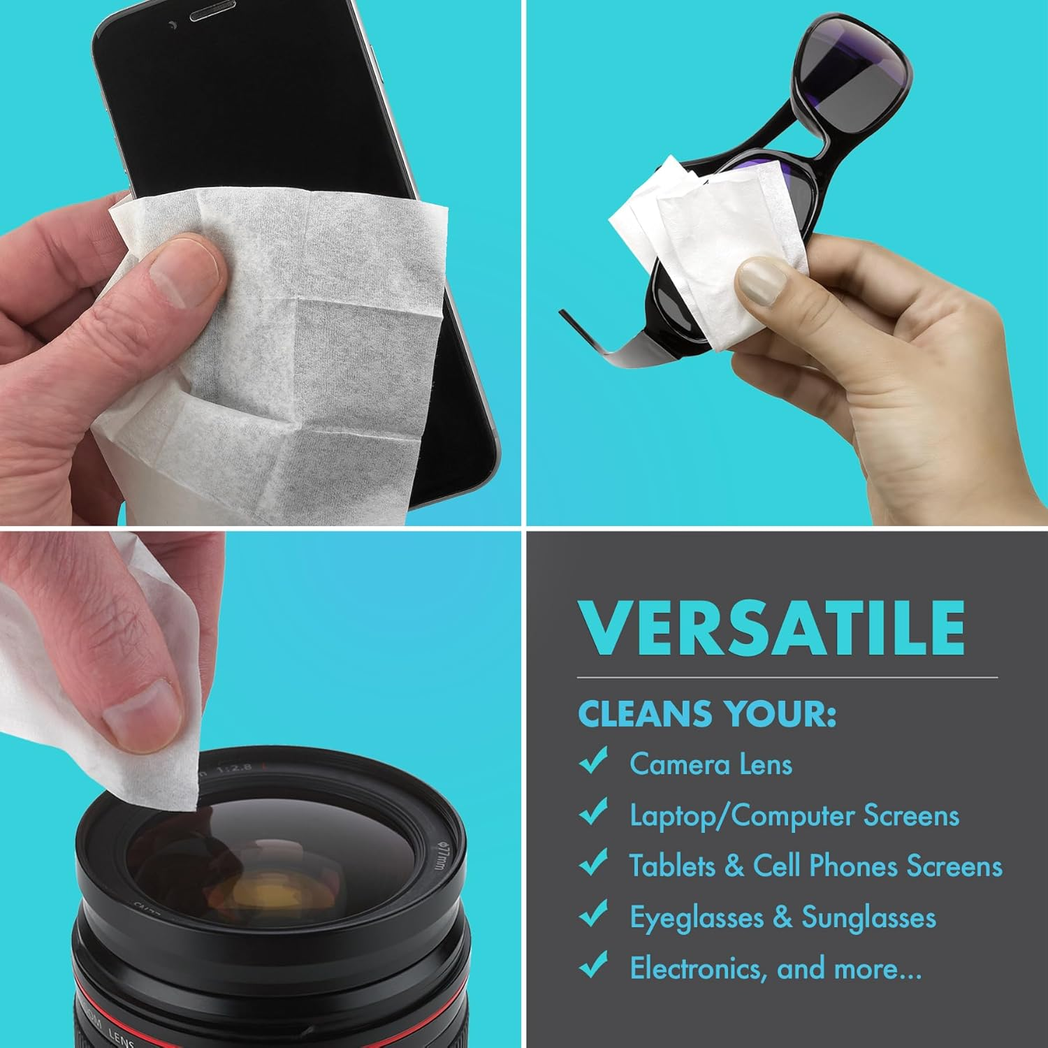 Premoistened Lens and Glass Cleaning Wipes - Portable Travel Cleaner for Glasses, Camera, Cell Phone, Smartphone, and Tablet - Disposable, Quick Drying, Streak Free - Individually Wrapped, Pack of 100 image number 5