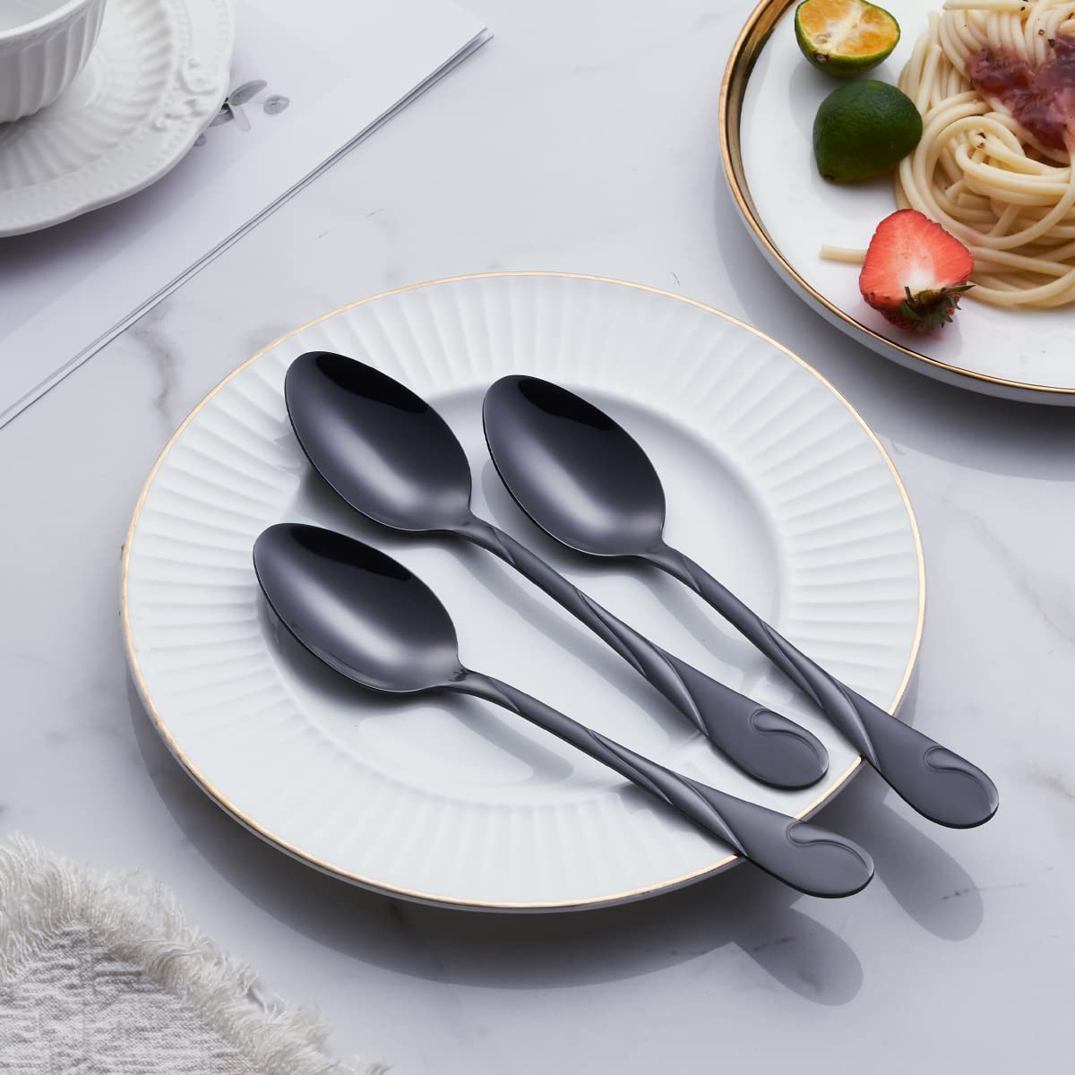 19.3 Cm Stainless Steel Black Dinner Spoon, Metal Soup Spoons Table Spoon Silverware Set of 6, for Home Kitchen Restaurants - Rainbow image number 7