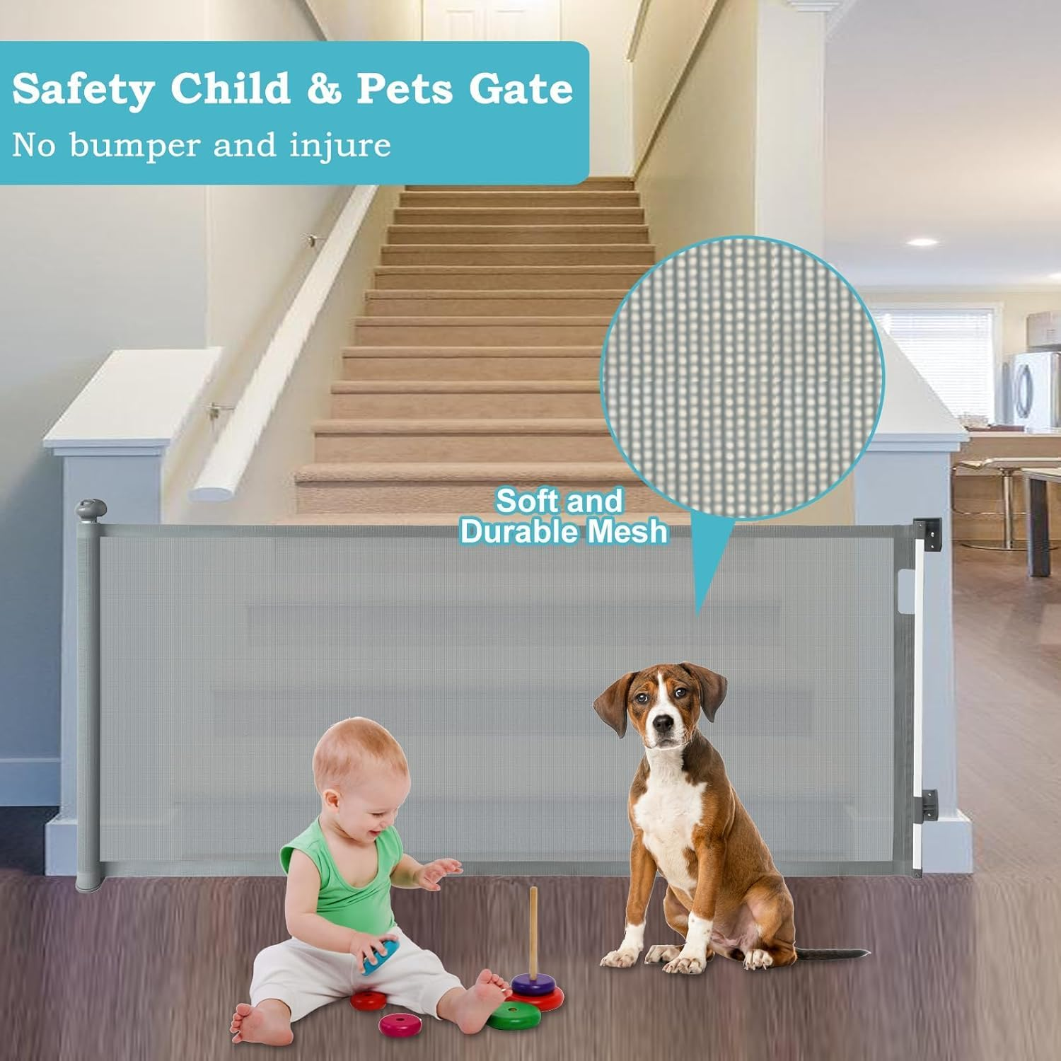 Baby Gate Retractable Gates for Stairs, Mesh Dog Gate for the House, Wide Pet Gate 33" Tall, Extends to 126" Wide, Long Child Safety Gates for Stairs, Hallways, Indoor/Outdoor, Cat Gate (Grey) image number 6