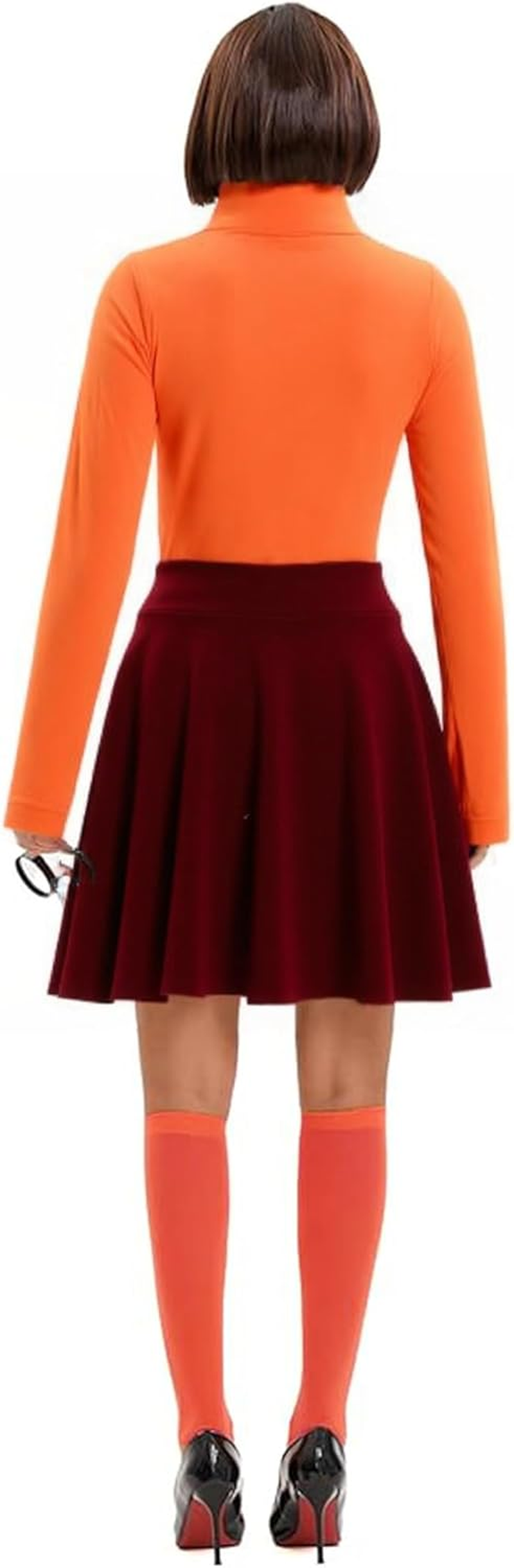 Velma Costume for Women Orange Halloween Costumes with Mini Skirt, Knee Socks image number 4