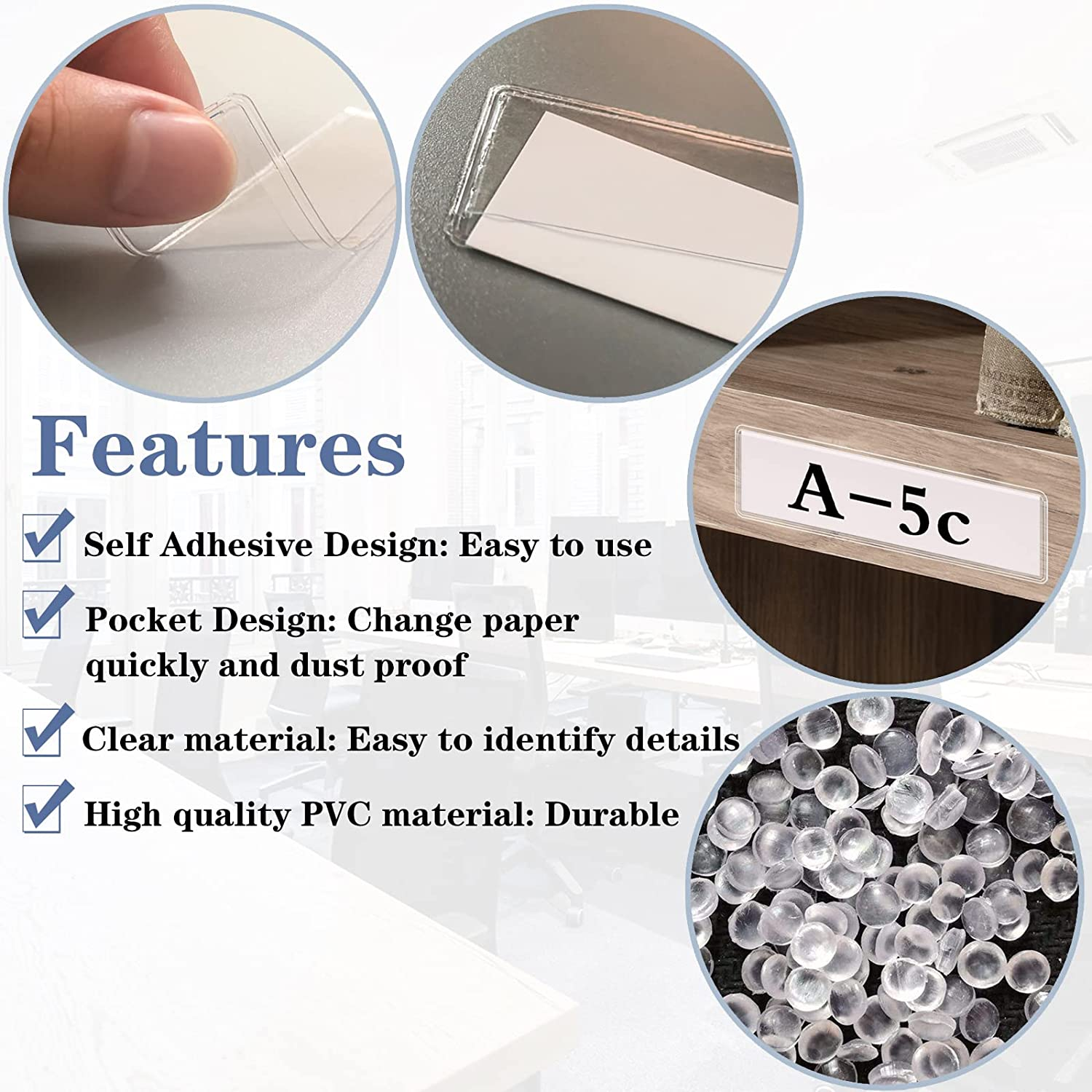 Self Adhesive Label Holders, ELEMGULY 55 Pcs Adhesive Shelf Tag Shelf Label Holder Clear Pocket Holder with Paper for Supermarket, Bookshelf, Kitchen (4.3 X 1.2 Inch) image number 2