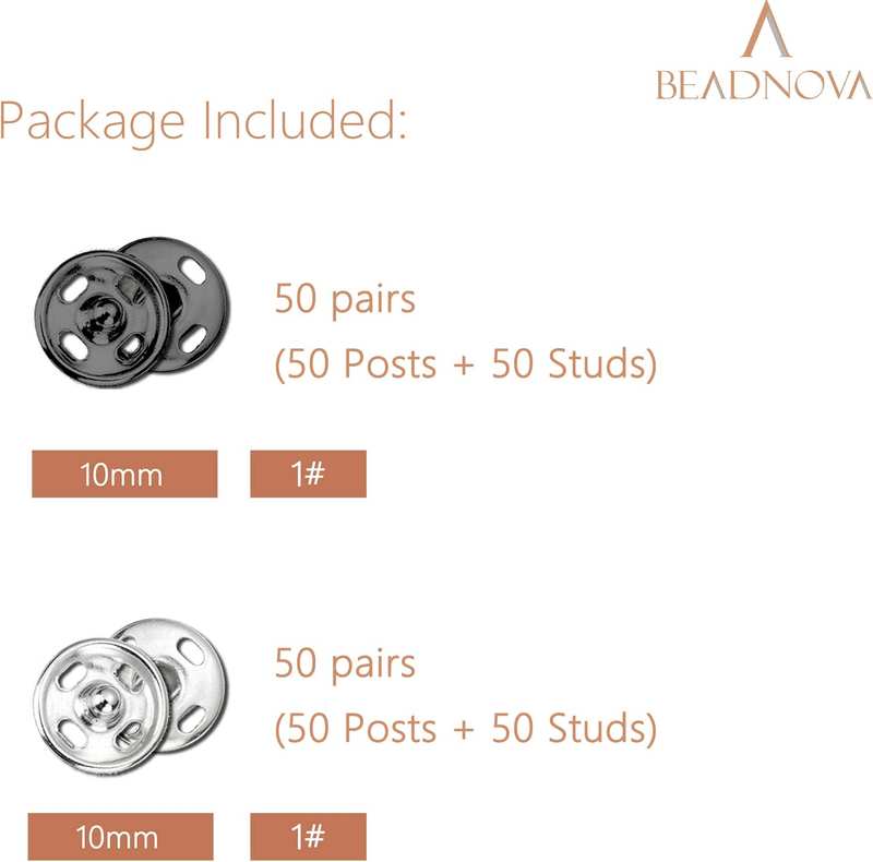 Beadnova Sew on Snaps Metalpress Buttons Snap Fasteners for Clothing (100 Sets 2 Colors) image number 4