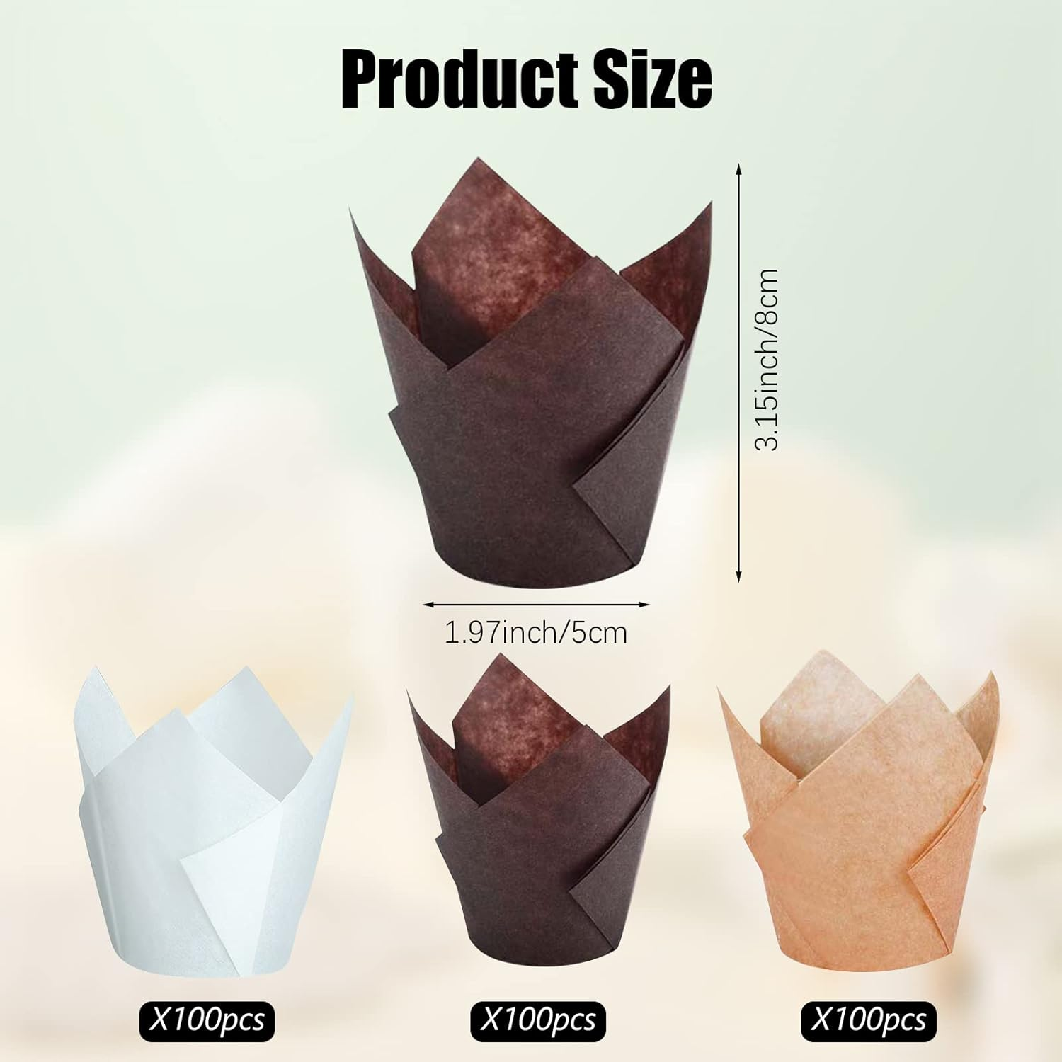 300Pcs Tulip Cupcake Liners, XIACIBDUS Muffin Baking Cupcake Cups, Rustic Cupcake Wrapper, 3 Colors Grease Proof Baking Cup Holders for Party Wedding Birthday Christmas image number 2