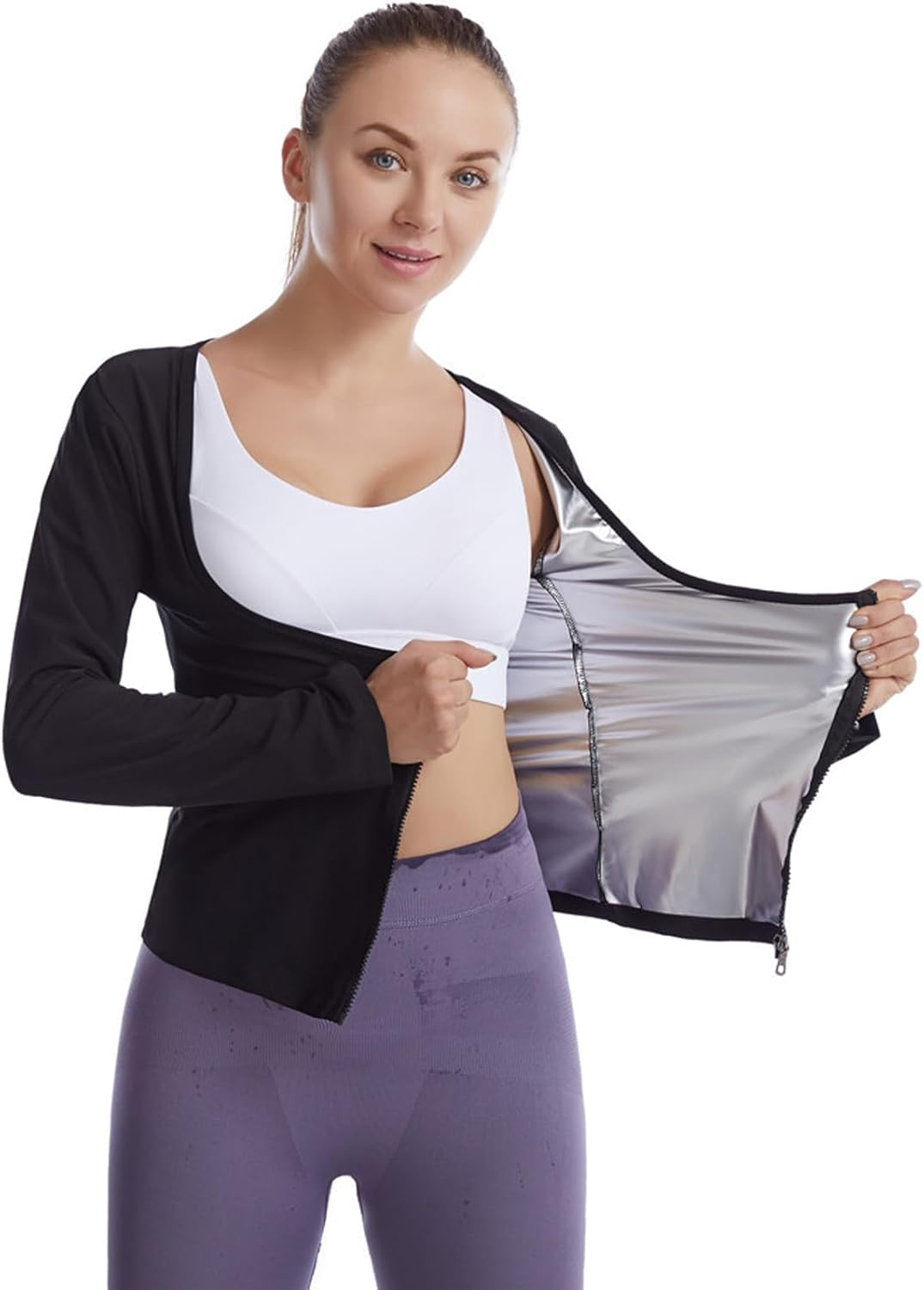 Sauna Suit for Women Sports Sweat-Wicking Fitness Sauna Suit Long Sleeve Zipper Jacket Workout Top for Weight Loss