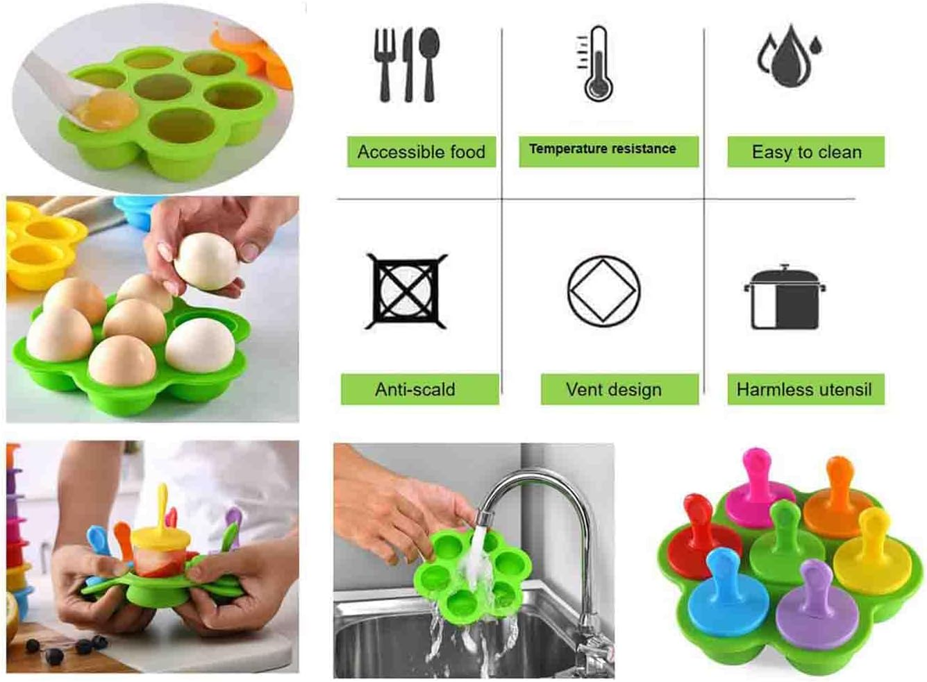 Mini Silicone Popsicle Mold, Food Storage Container 7-Cavity DIY Ice Pop Mold with Colorful Plastic Sticks Non-Stick Ice Cube Trays (Green) image number 2