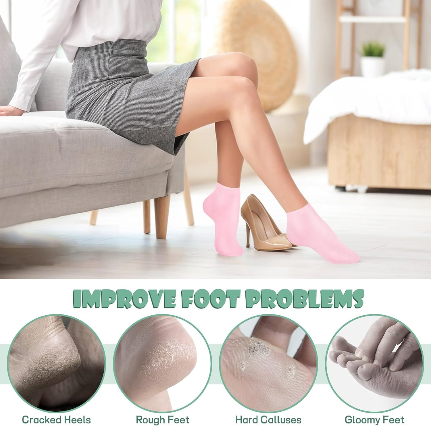 2 Pairs Silicone Socks, Moisturizing Socks for Dry Cracked Feet Women (Pink) image number 5