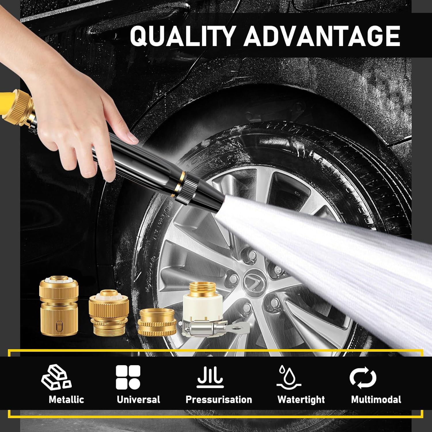 Garden Hose Nozzle with 3 Adjustable Patterns & 4 Connectors, Metal High Pressure Hose Nozzle Heavy Duty, Outdoor Water Hose Sprayer Nozzle Tools for Car Plant Dog Wash