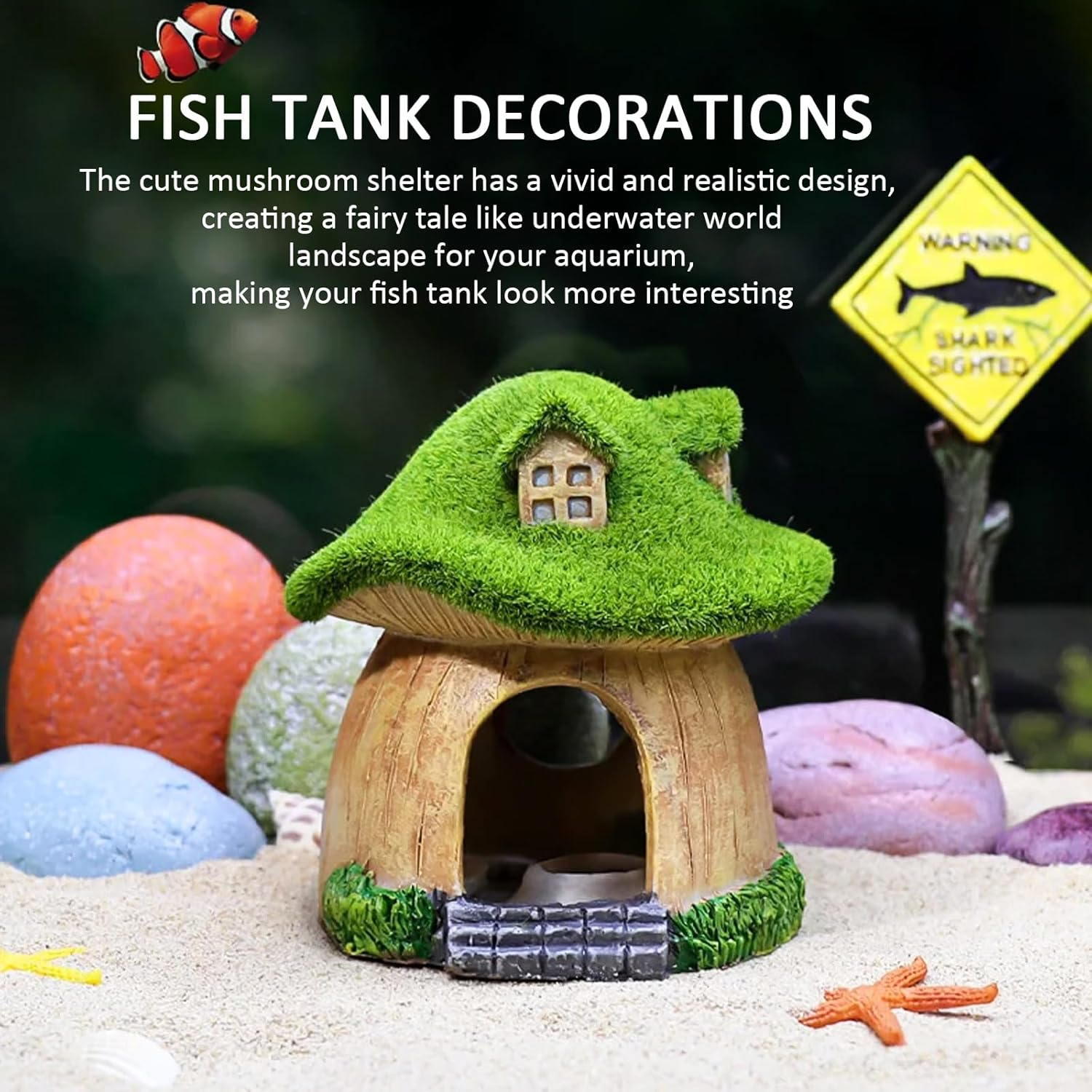 Fish House for Aquarium,Resin Fish Tank Decoration,Mushroom House Fish Cave Shrimp Hideout Shelter with Lifelike Moss,Reptiles Fish and Shrimp Shelter Landscape Cave Decor