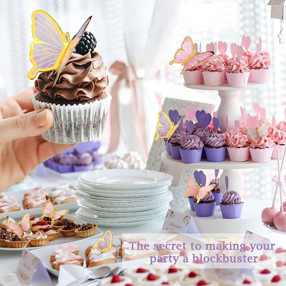 22 Pieces Cake Decorating Butterfly Toppers, Cake Topper with Happy Birthday and 3D Butterfly Cake Toppers,Suitable for Wedding Cake Topper,(Purple, Pink) image number 2
