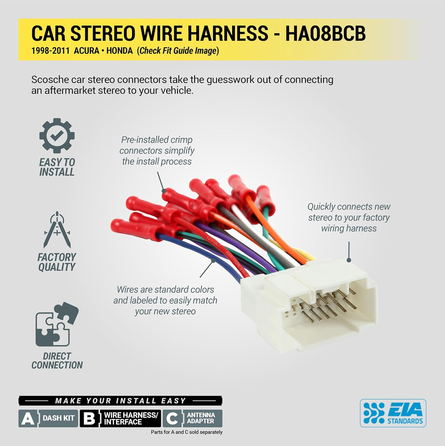 Scosche HA08BCB Compatible with Select 1998-08 Honda Power/Speaker Connector/Wire Harness for Aftermarket Stereo Installation with Color Coded Wires and Pre-Installed Wire Connectors image number 5