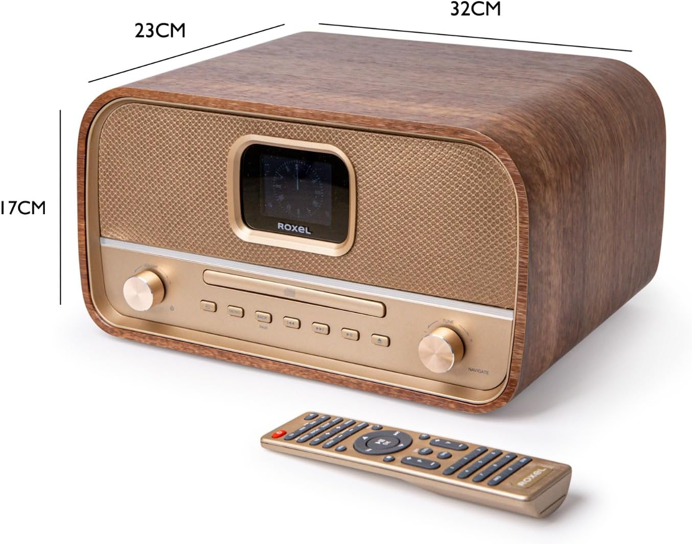 Roxel Amber All-In-One Compact Retro Hifi System with CD Player, DAB/DAB+, BT Audio Streaming, 40W RMS, USB Playback & Charging, FM Radio with RDS, Color Display, Clock & Alarm, Remote Controller image number 2