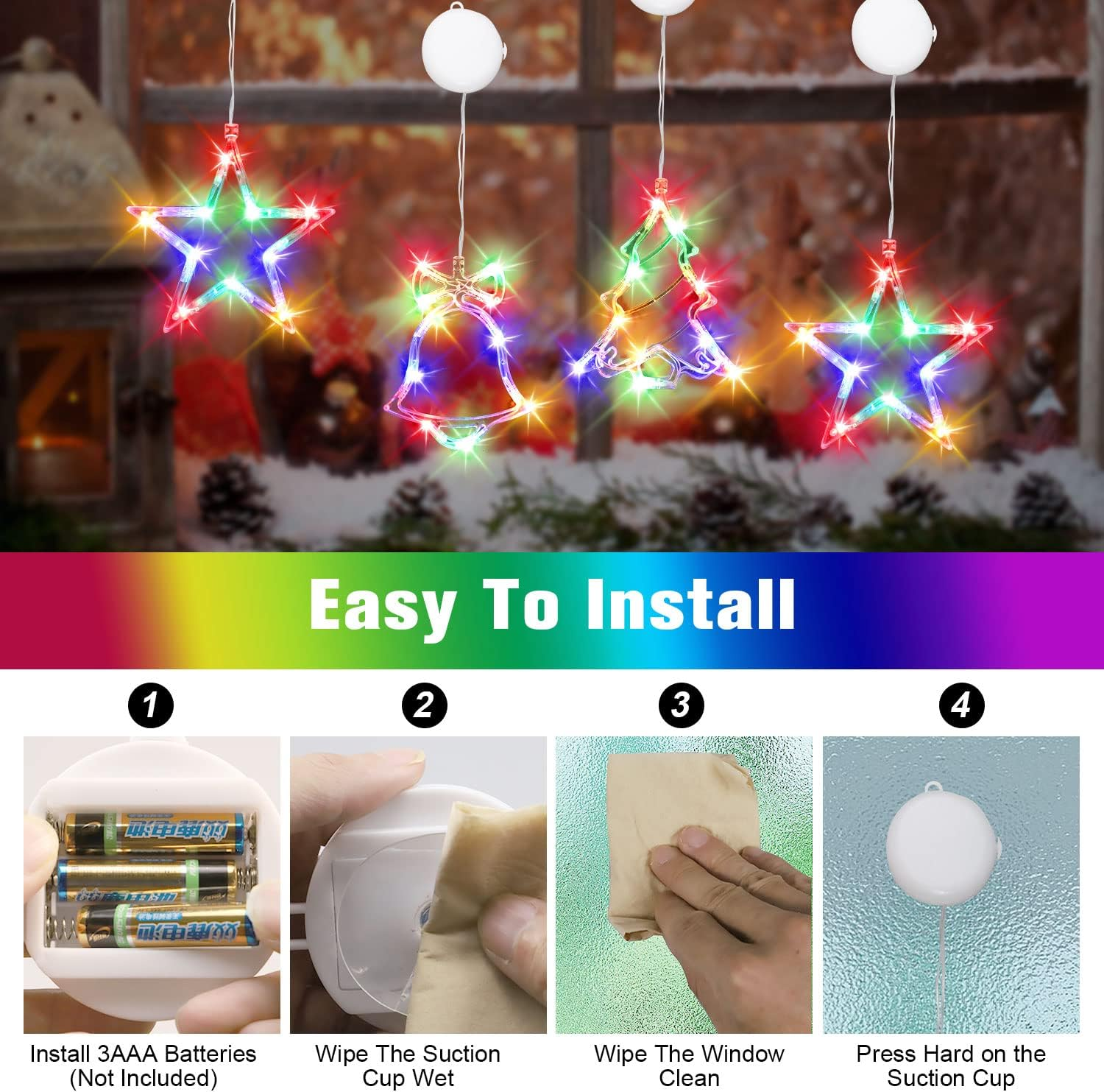 3Pcs Christmas Window Hanging Lights, Battery Powered Window Lights Silhouette Decoration Lighted Christmas Tree &Jingle Bell &Star Shaped with Suction Cup for Xmas, Balcony,Party,Indoor Outdoor Decor image number 3