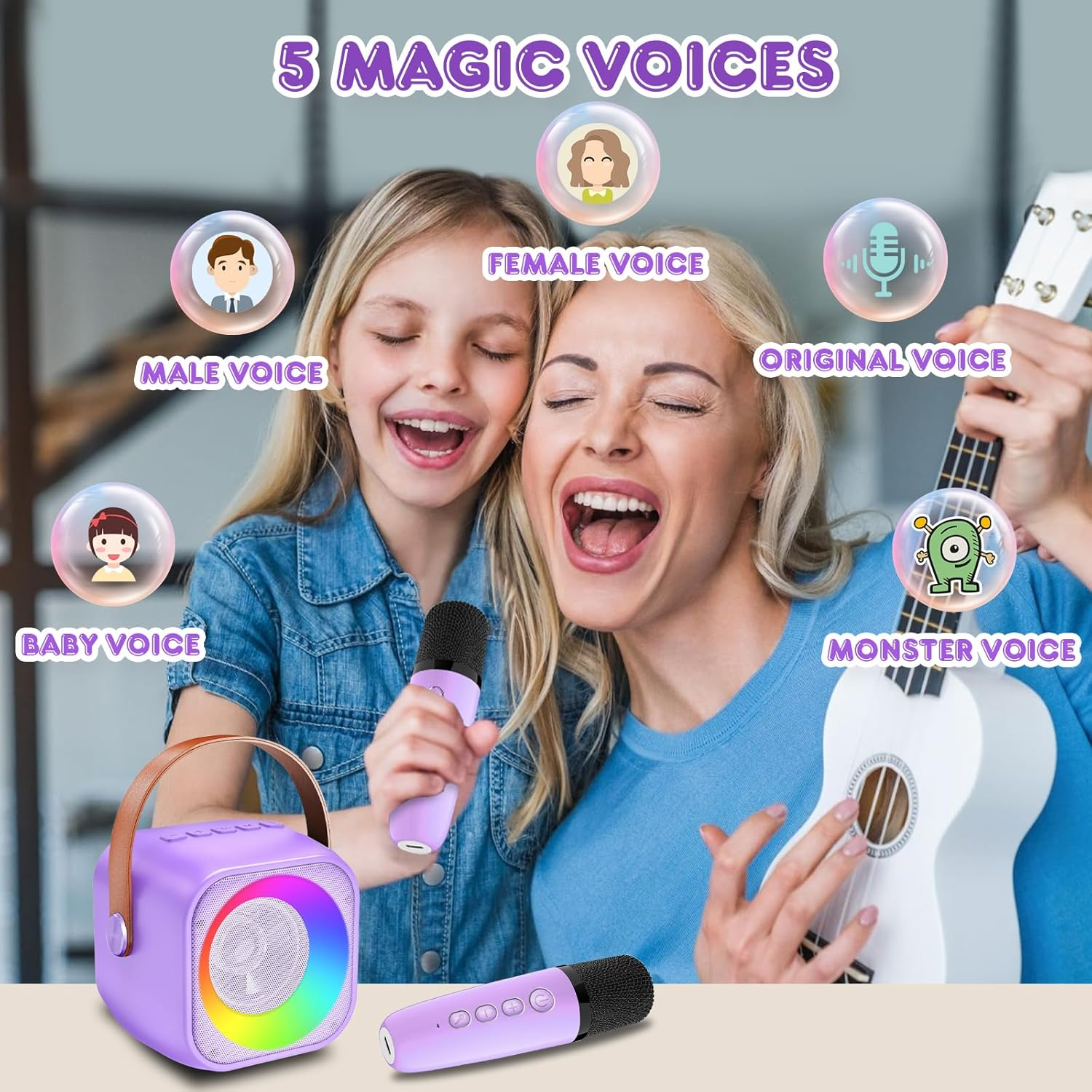 Karaoke Machine Kids for Adults Kids Portable Bluetooth Speaker with 2 Wireless Microphones and Player for 3-12 Years Old Boys Girls Birthday Family Party Gift Toys (Purple) image number 4