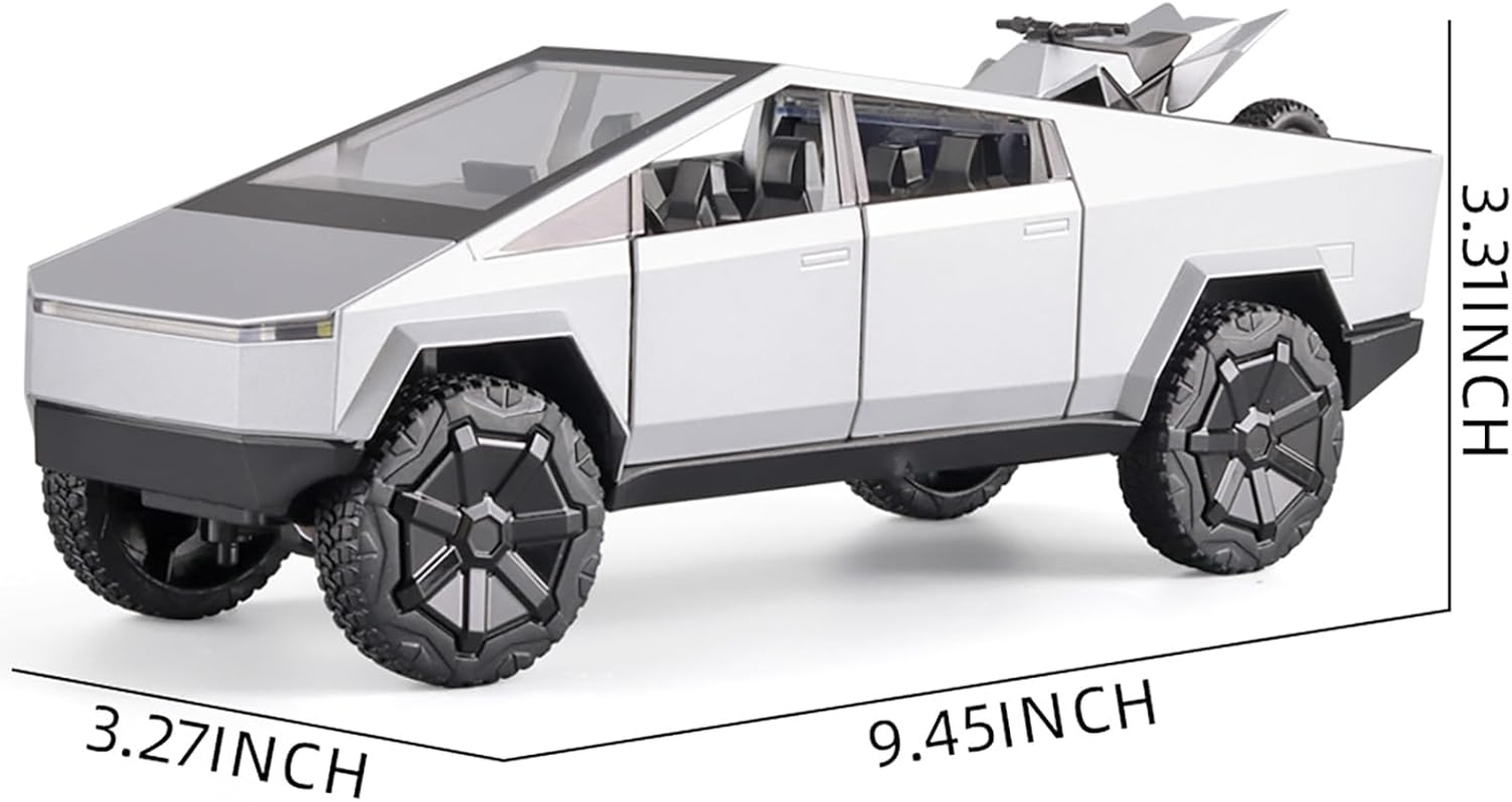 Boy Toy Pickup Truck 1/24Cybertruck Die-Cast Metal Model Car, with Sound and Light Pull Back, Suitable for Children Aged 3 and above as Birthday Gifts (Silver, Equipped with Beach Motorcycle) image number 5