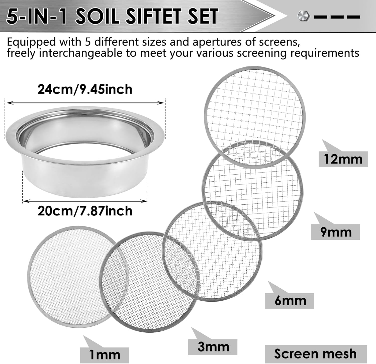 Soil Sieve Set with 5 Interchangeable Meshes Sizes 1/3/6/9/12Mm, Stainless Steel Riddle Sieve Pan with Shovel 24Cm Garden Potting Soil Sifter for Gardening Dirt Sand Soil Rocks image number 6