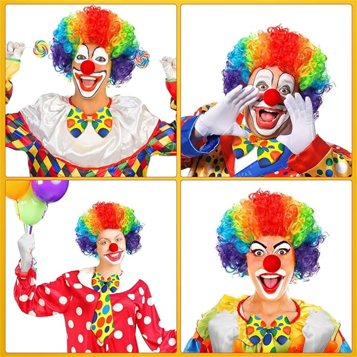 4 Pcs Clown Costume Wig Set, Rainbow Wig Red Clown Nose Tie White Gloves for Halloween Parties Christmas Carnival Circus Cosplay Party Men Women Kid Adults image number 2