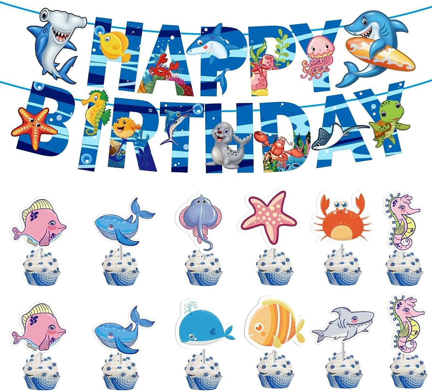 Ocean Theme Happy Birthday Decorations,Underwater World Banner 15 PCS Galaxy Party Sign, Birthday Party Decorations，Ocean Theme Decorations, Underwater World Party Supplies. image number 1