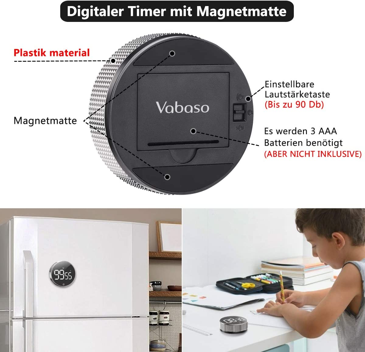 Vabaso Digital Kitchen Timer, Magnetic Kitchen Timer, Egg Timer, Short Time Alarm, Large LED Screen, Loud Alarm, Ideal Timer for Cooking, Baking, Sports, Study image number 5