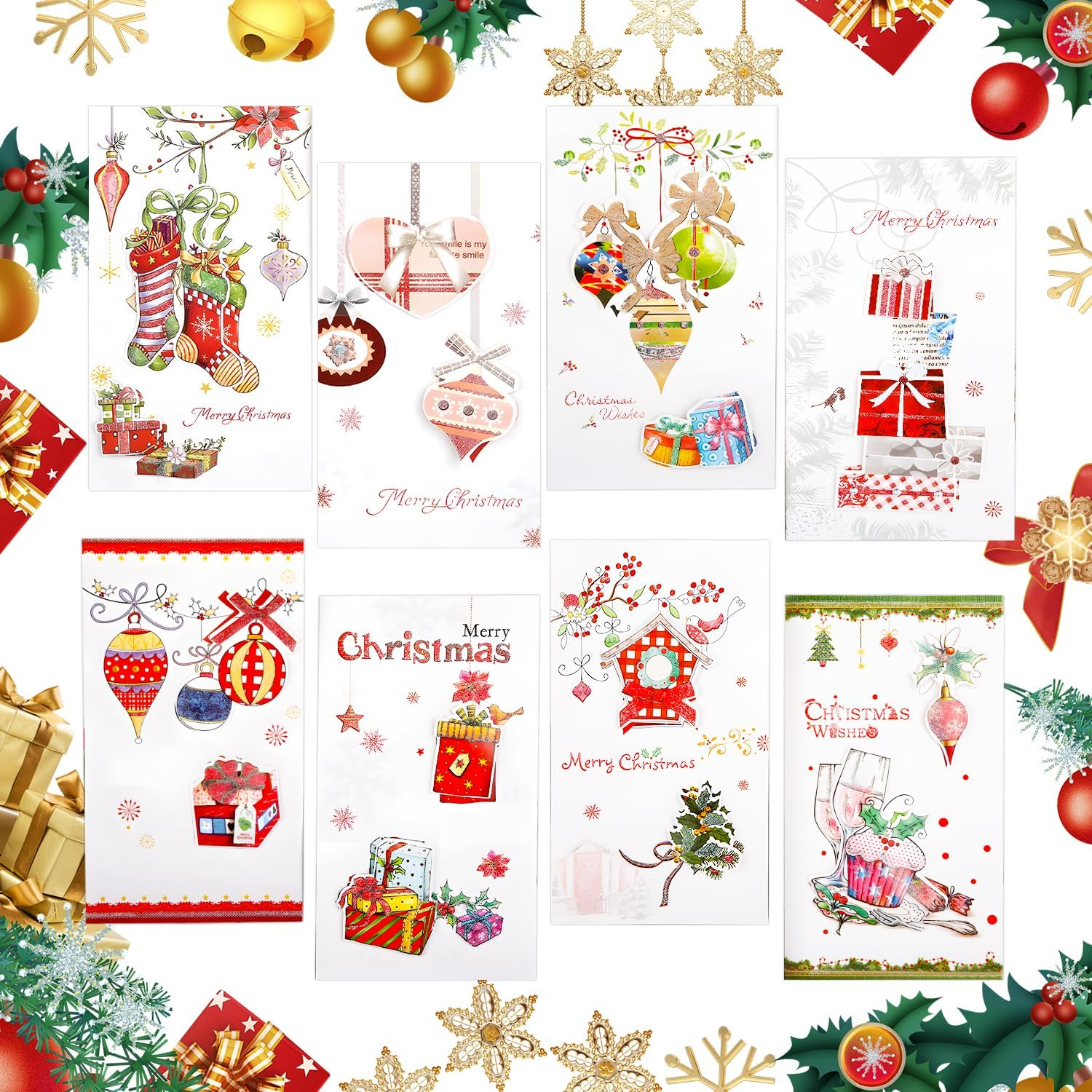 Recycled Christmas Cards with Envelopes (Set of 8), Christmas Folding Cards for Christmas Greetings - White/Red image number 5