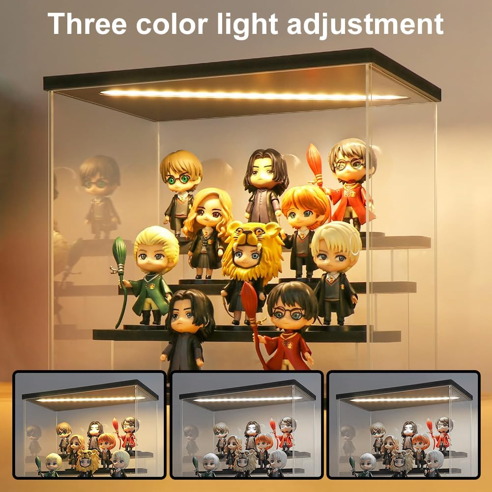 Clear Acrylic Display Case with 3-Color Light,4 Level Stand Display Box with Wooden Base Countertop Dustproof Showcase for Display Collectible Pop Figures and Toys,Toys Not (4 Tier Black) - 4 Tier Black image number 5