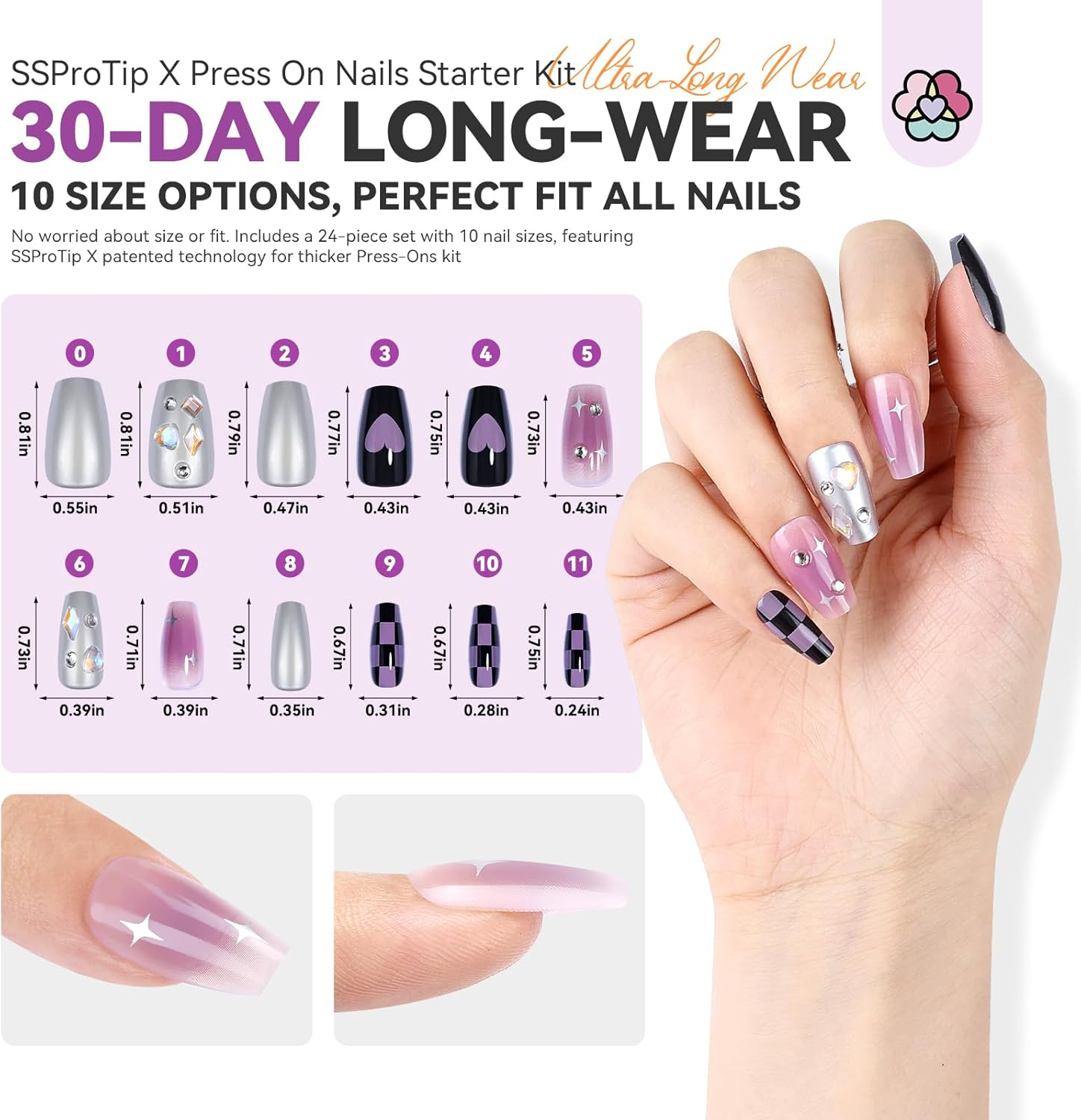 SAVILAND Naughty Heart Press-Ons Starter Kit: Long-Wear Thick 100% Acrylic Nail Tips Press on Nails Gels Nails GEL Glue Soft Gel Tips Fake Tips False Nails U V Nail Lamp Star Gift Set image number 5