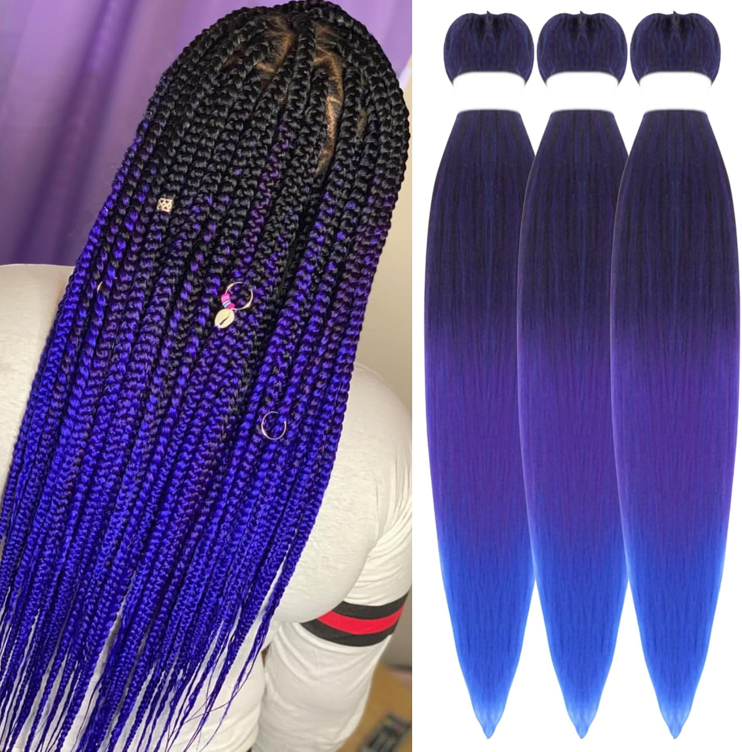 Blue Braiding Hair Pre Stretched Box Braid Kanekalon Braiding Hair Prestretched Human Hair 26Inch